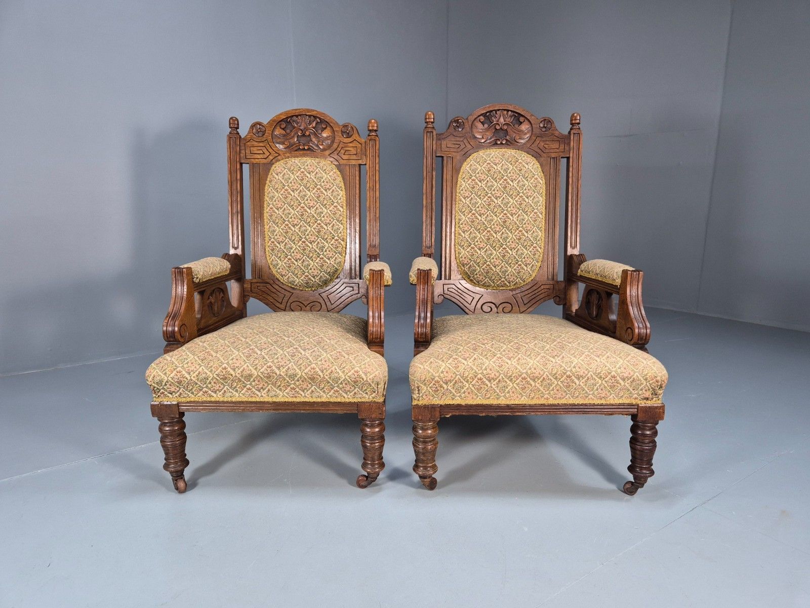 2 Edwardian Carved Oak Lounge Chairs Embroidery Upholstery 1900s Eb10690 Vcar photo 450.0