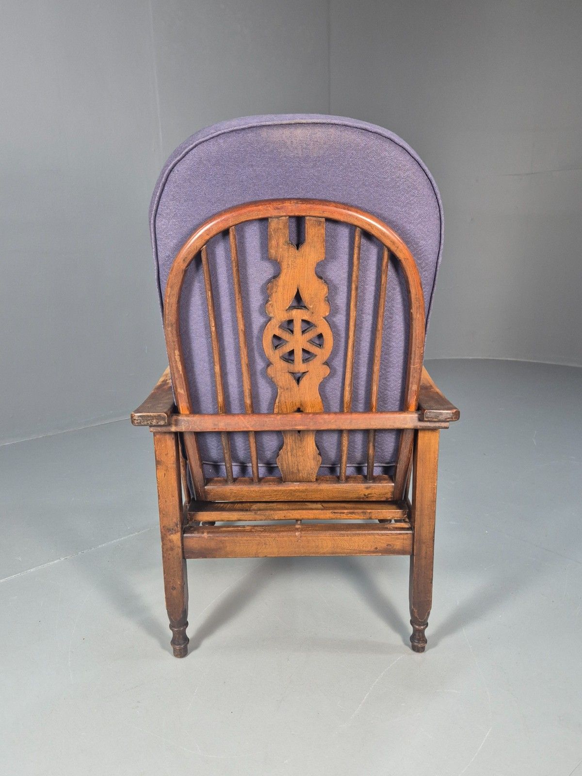 Furniture Antique Oak Wheel Back Folding Chair Purple Upholstery 1900s Eb10629 Vcar photo