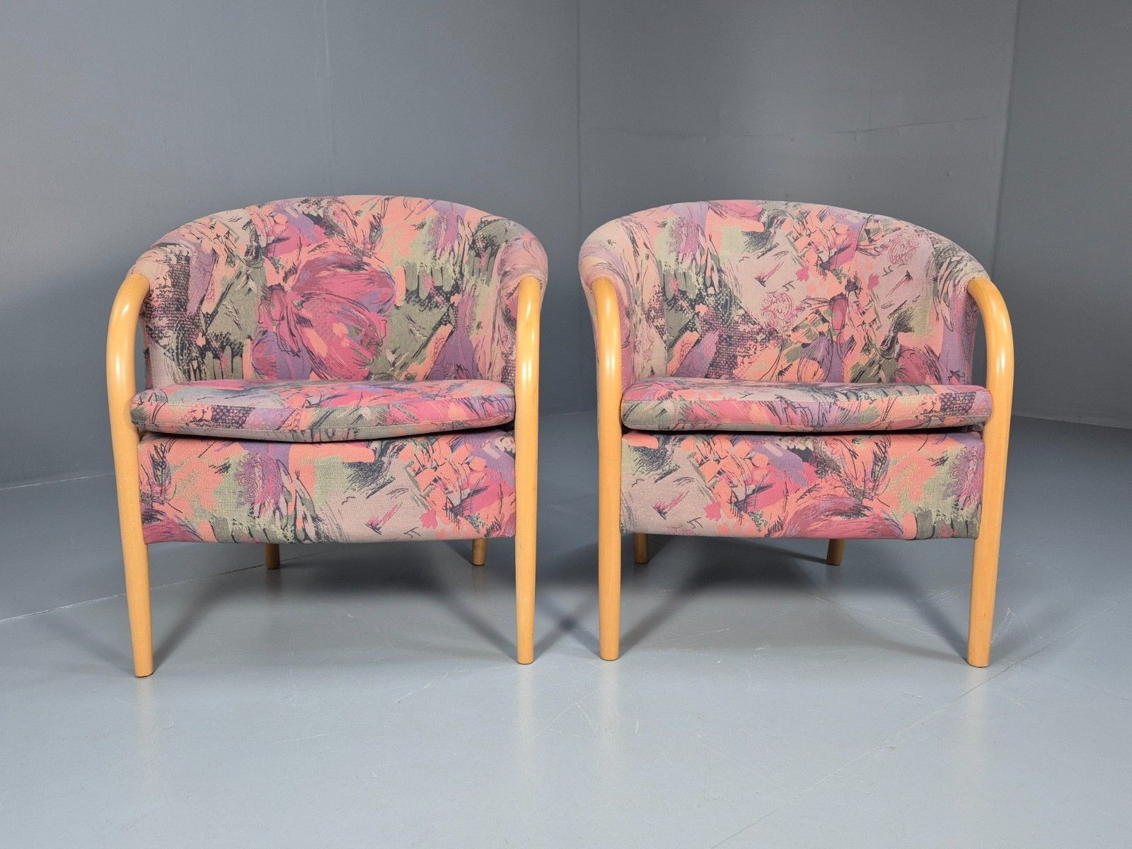 2 Vintage 1980s Stouby Tub Chairs Pink  Green Upholstery Retro Mcm Eb10339 Mnor photo 450.0
