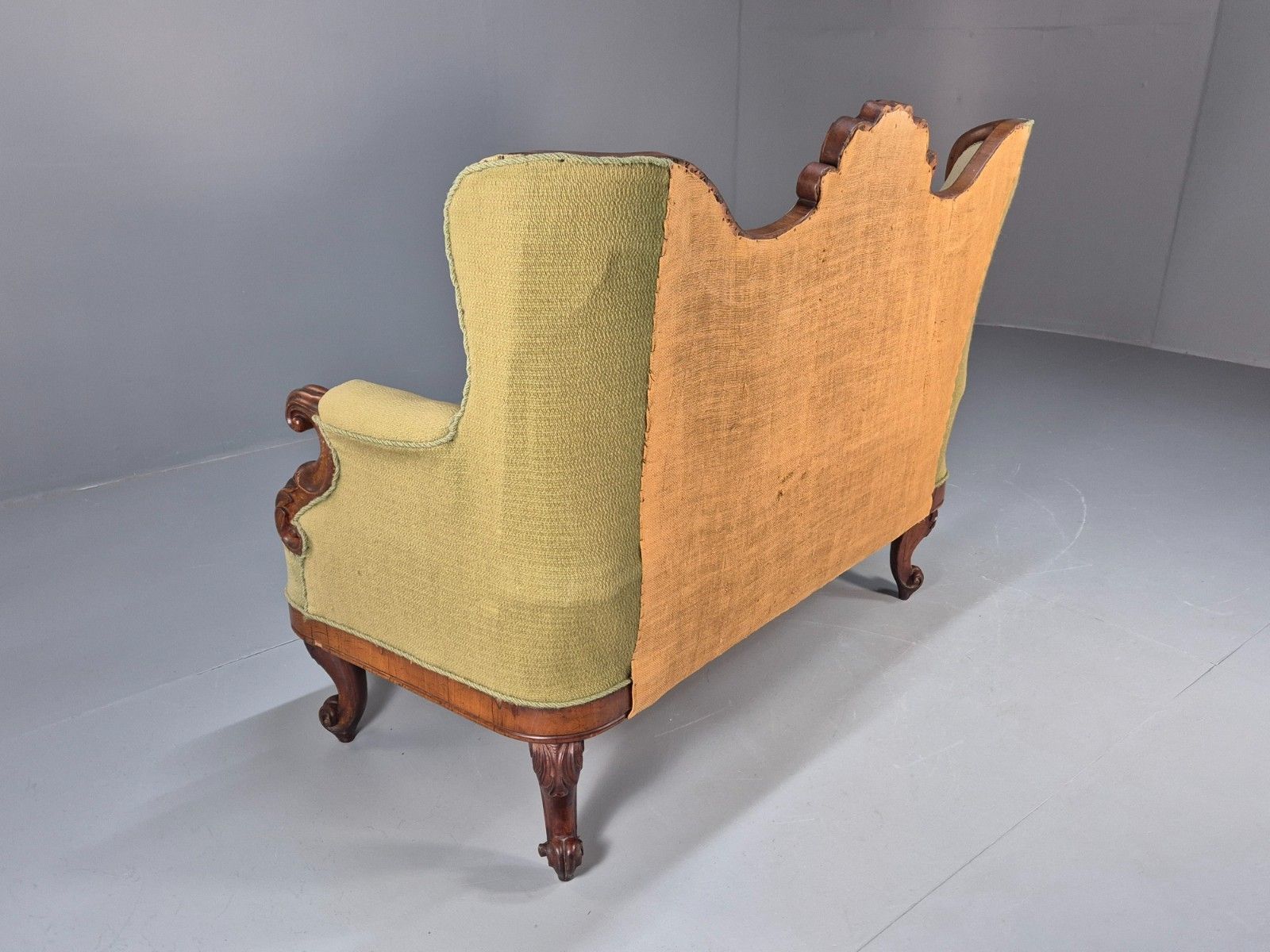 photo vintage Antique Mahogany Two Seat Sofa Green Fabric Vintage 19th Century Eb9670 V2ss