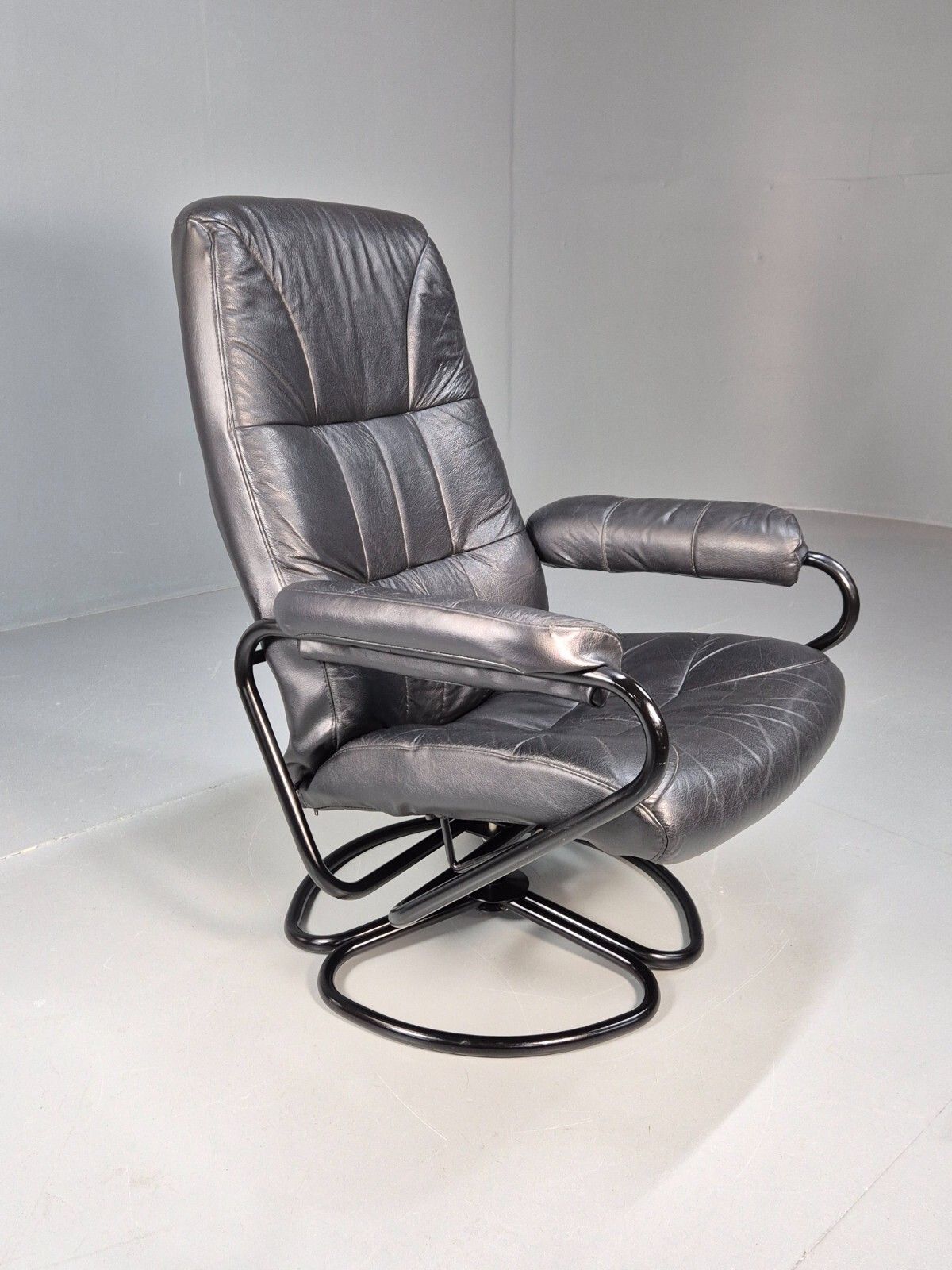 Vintage Danish Black Leather Vinyl Swivel Recline Chair 1980s Retro Eb9311 Mswi photo for sale