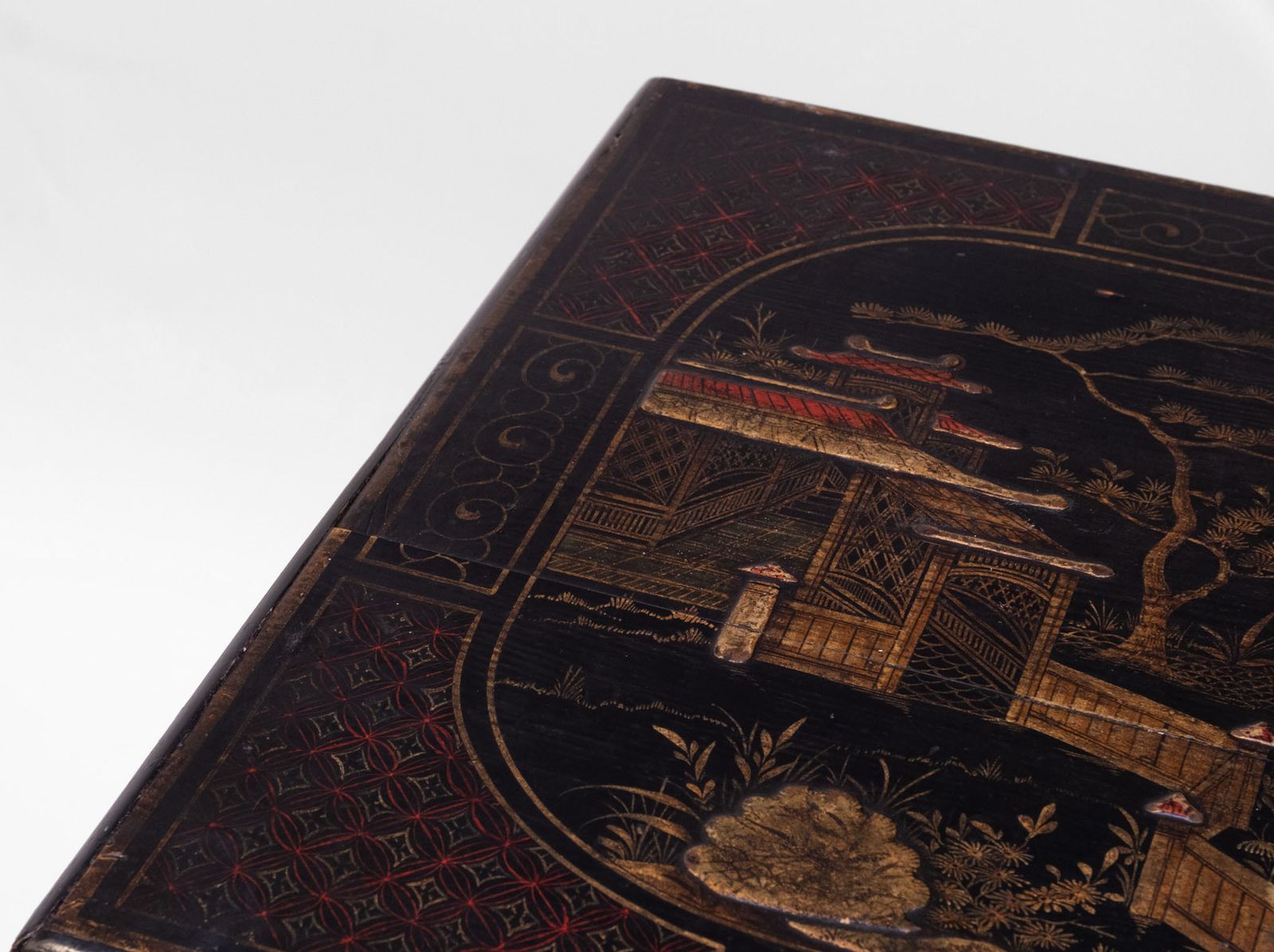 Furniture Early 20th Century Black & Gilt Japanned Chinoiserie Chest On Stand photo