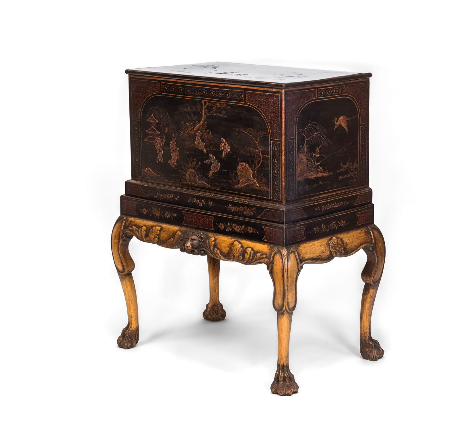 Early 20th Century Black & Gilt Japanned Chinoiserie Chest On Stand photo for sale