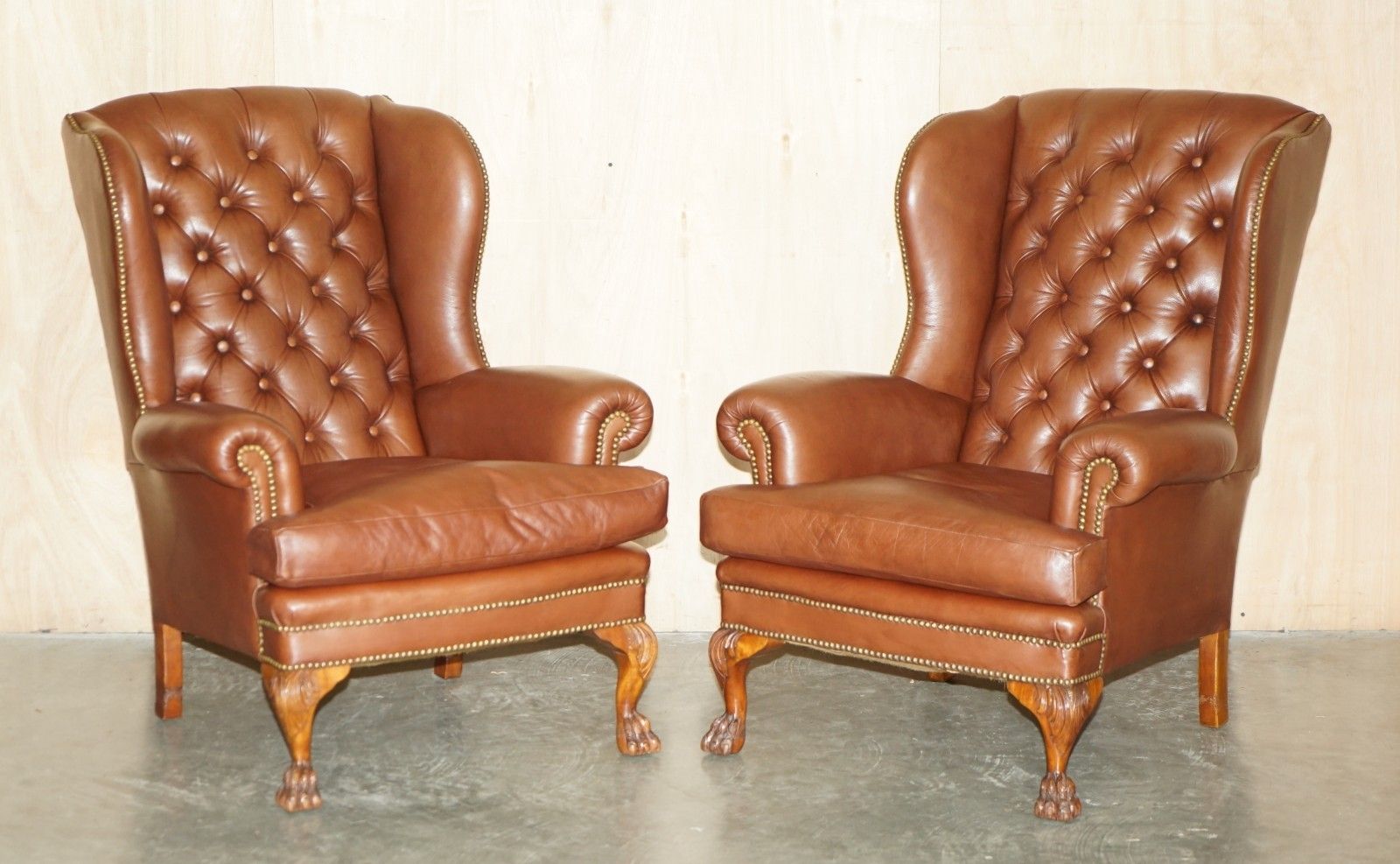 Stunning Pair Of Lion's Hairy Paw Feet Chesterfield Tufted Wingback Armchairs photo furniture