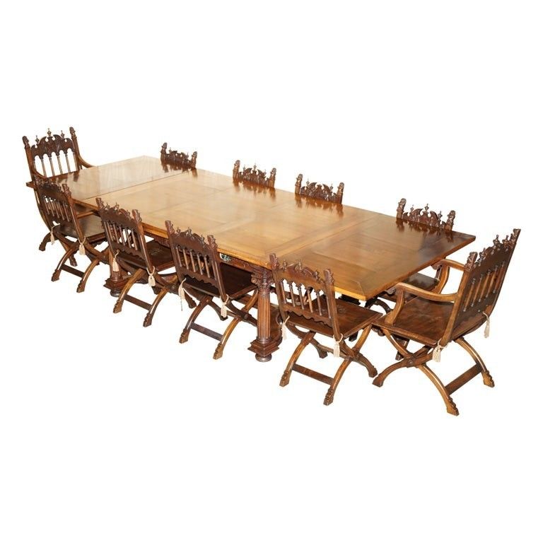Antique Louis XIII Revival 10 Person Walnut & Marble Dining Table & Chair Suite