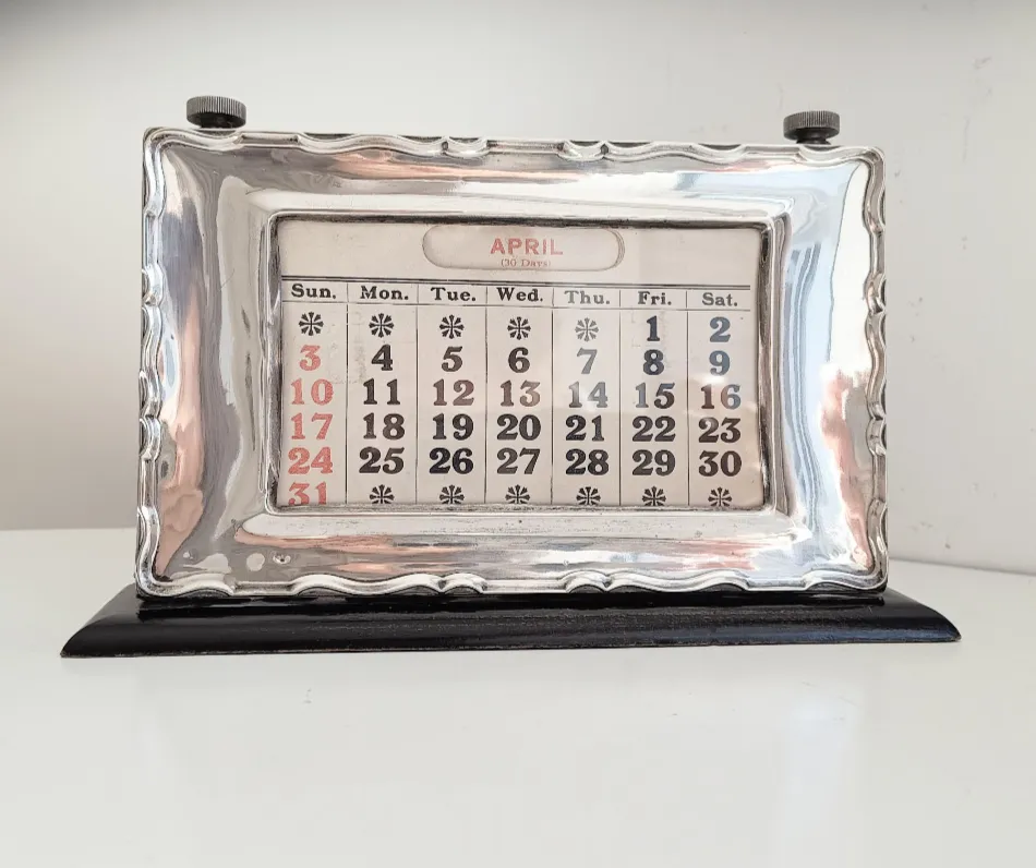 English Art Deco Sterling Silver Front Desk Calendar: Ebonised Wood, Hallmark 1929