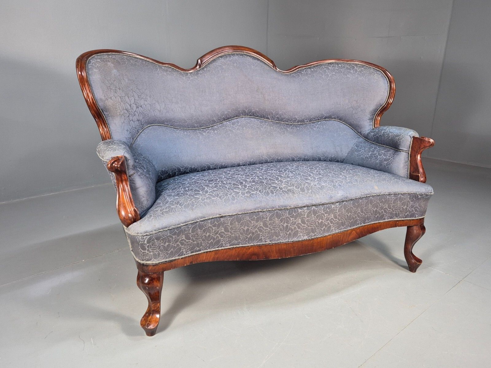 Vintage Danish 2 Seat Sofa Blue Floral Mahogany Camel Back Antique Eb8008 V2ss