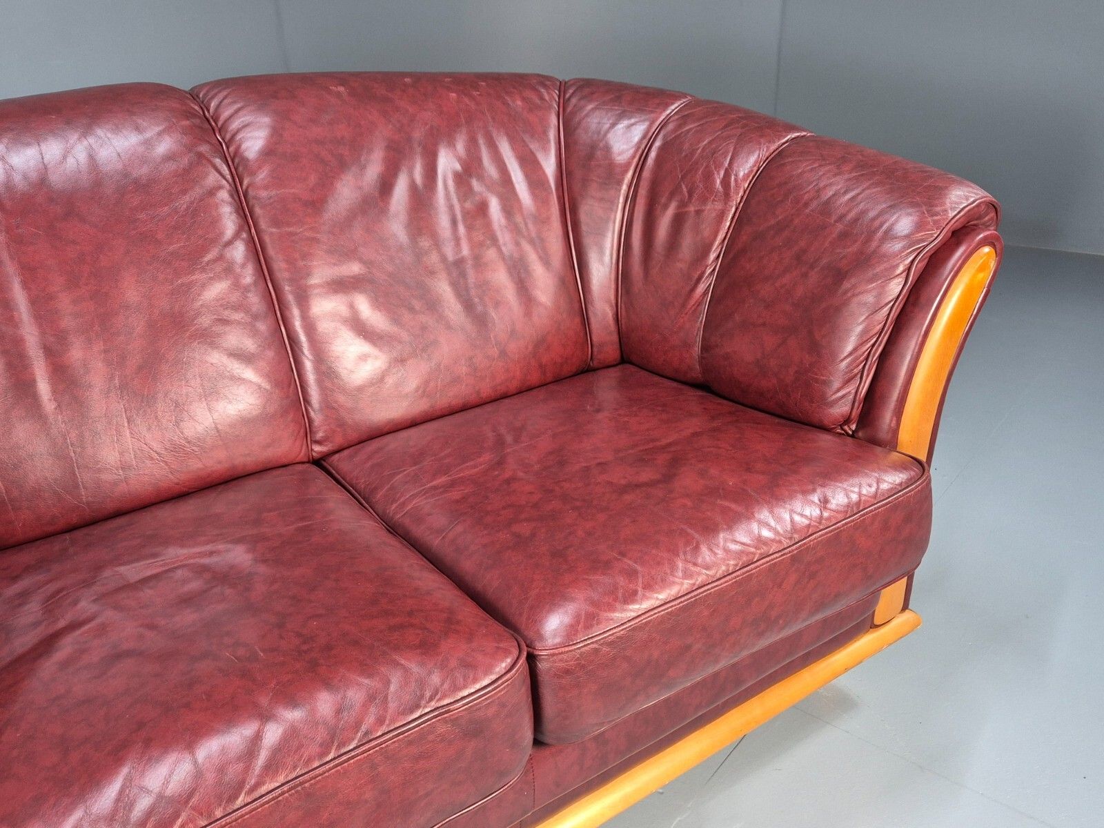 Vintage Danish 2 Seat Sofa Red Leather Wood Trim 1990s Retro Eb8567 M2ss photo for sale