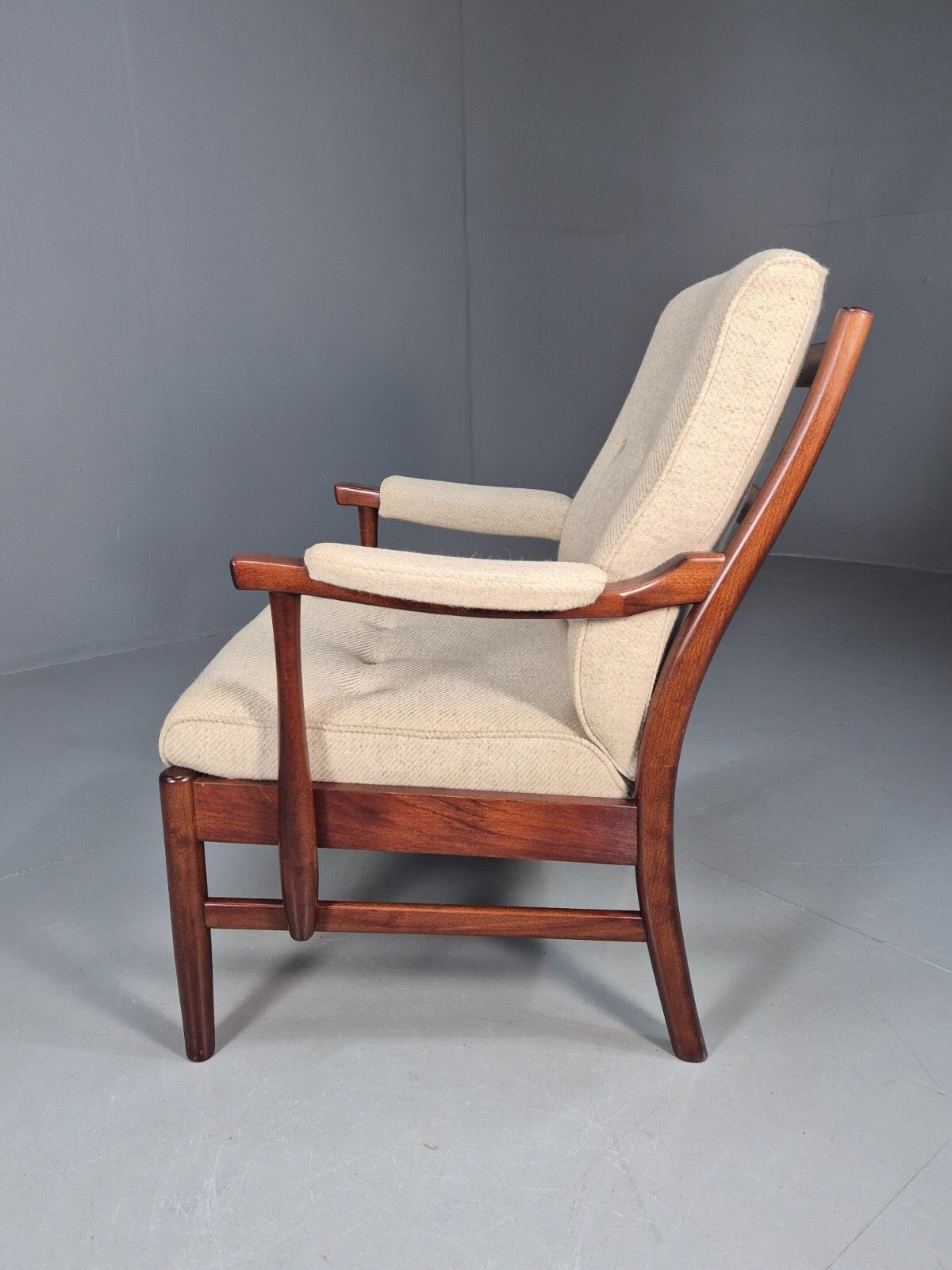 photo vinterior Vintage Danish Lounge Chair Beige Wool Wood Frame 1970s Retro  Eb8539 Mnor