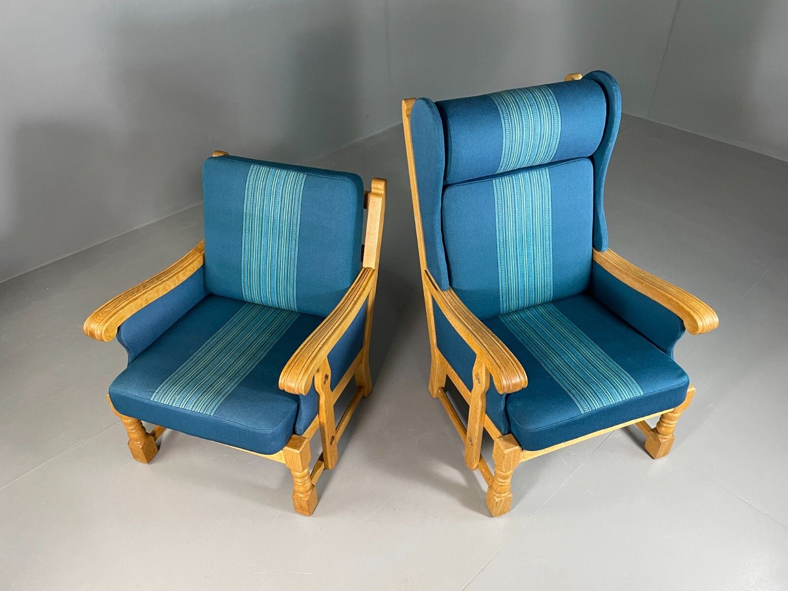 2 Danish Lounge Chairs Blue Oak Kjaernulf Vintage Retro Eb6718 Mnor photo furniture