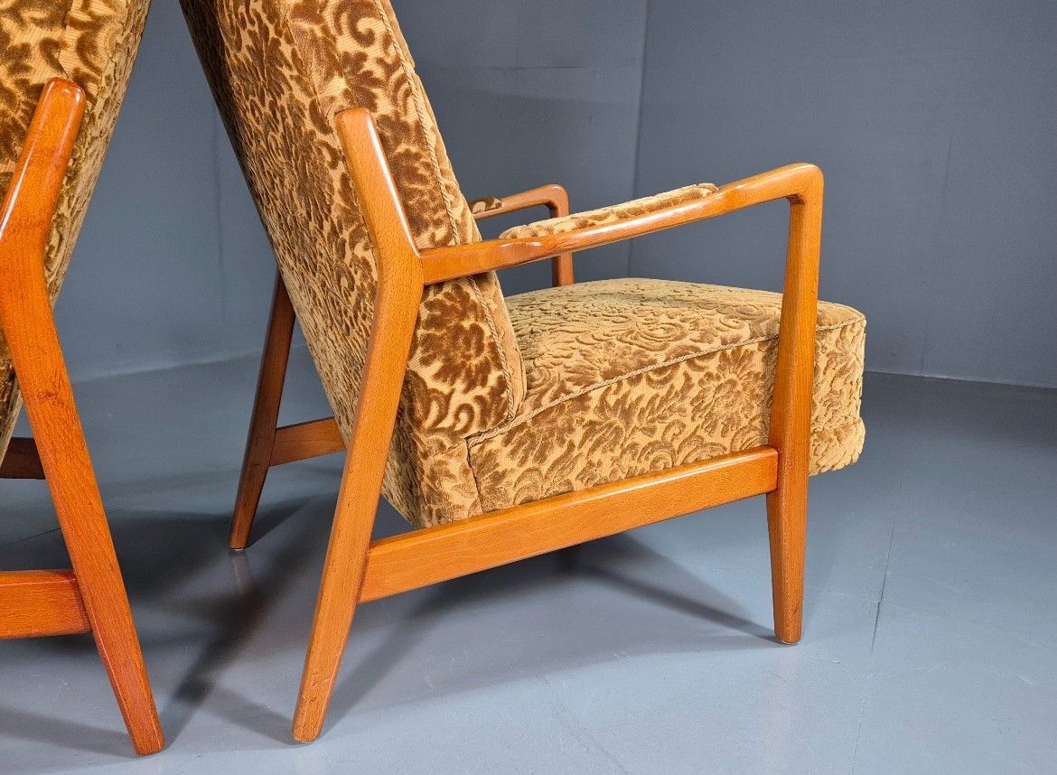 2 Swedish Lounge Chairs Gold Floral Moquette Beech Vintage 1960s Mcm Eb7031 Mnor photo buy