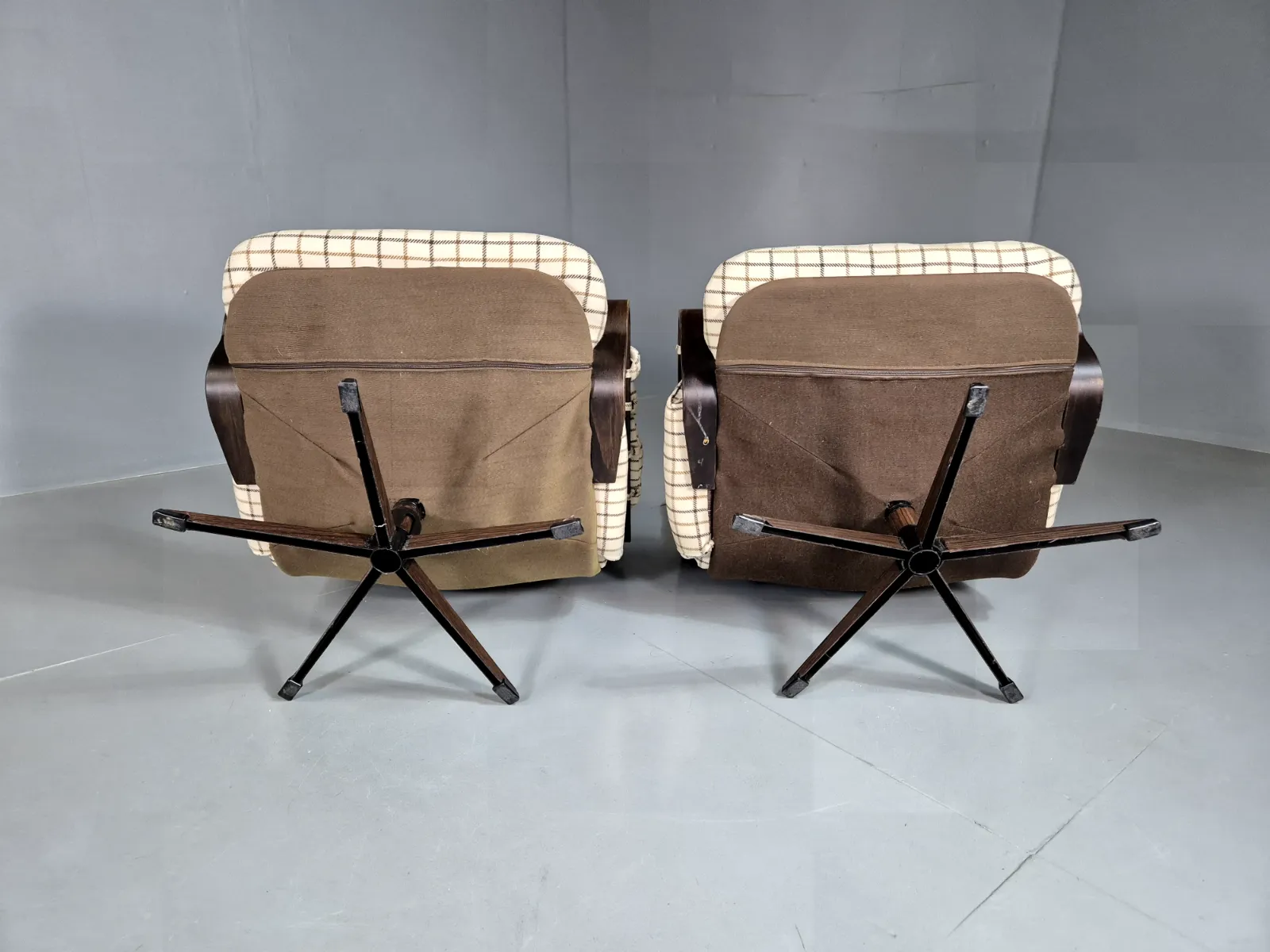 photo for sale 2 Vintage Swivel Chairs Cream Checkered Wool Bentwood Retro Mcm Eb7192 Mben