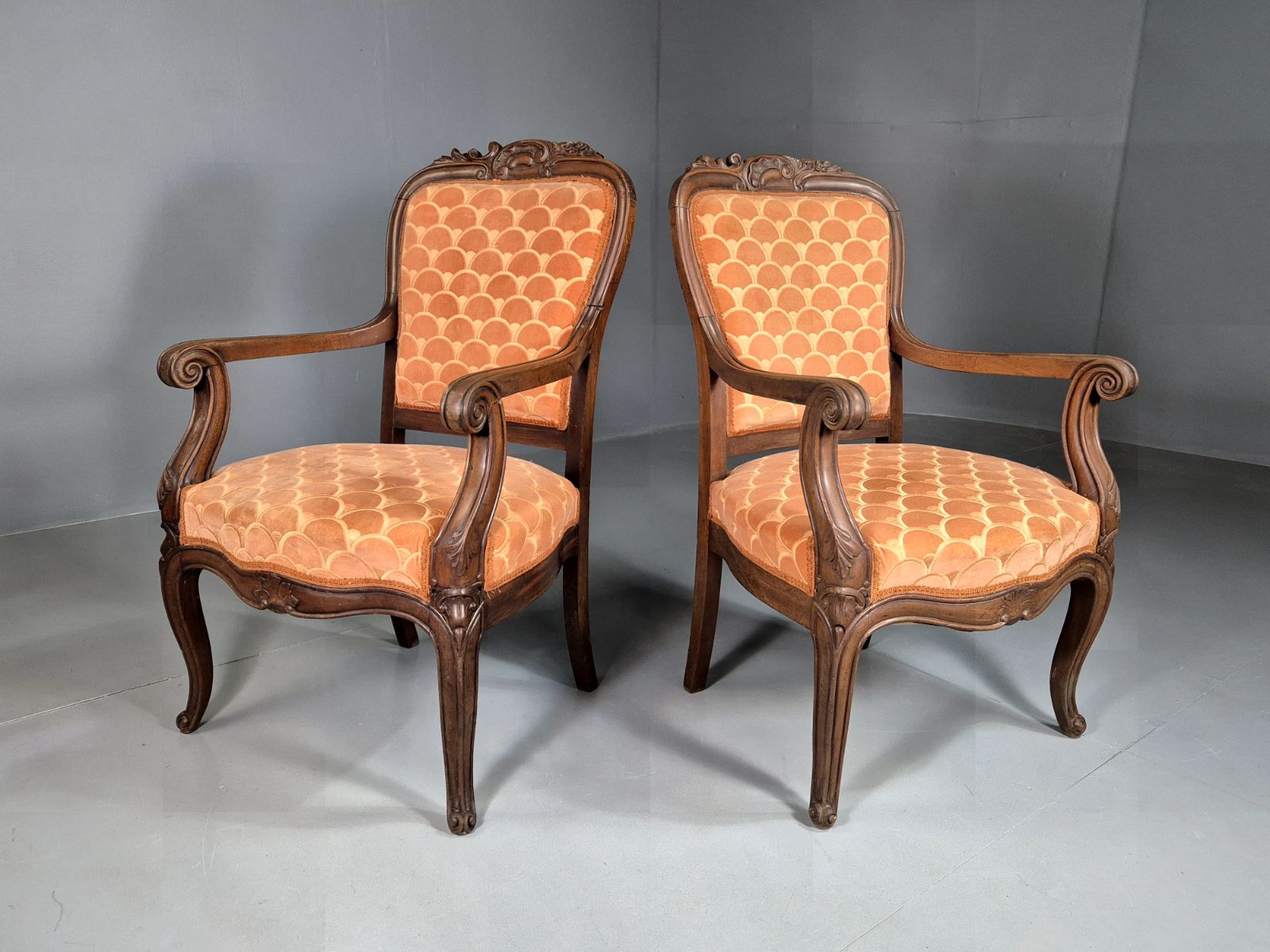 Vintage Fautueil Chairs Orange Upholstery Mahogany Antique  Eb7380 Vclo