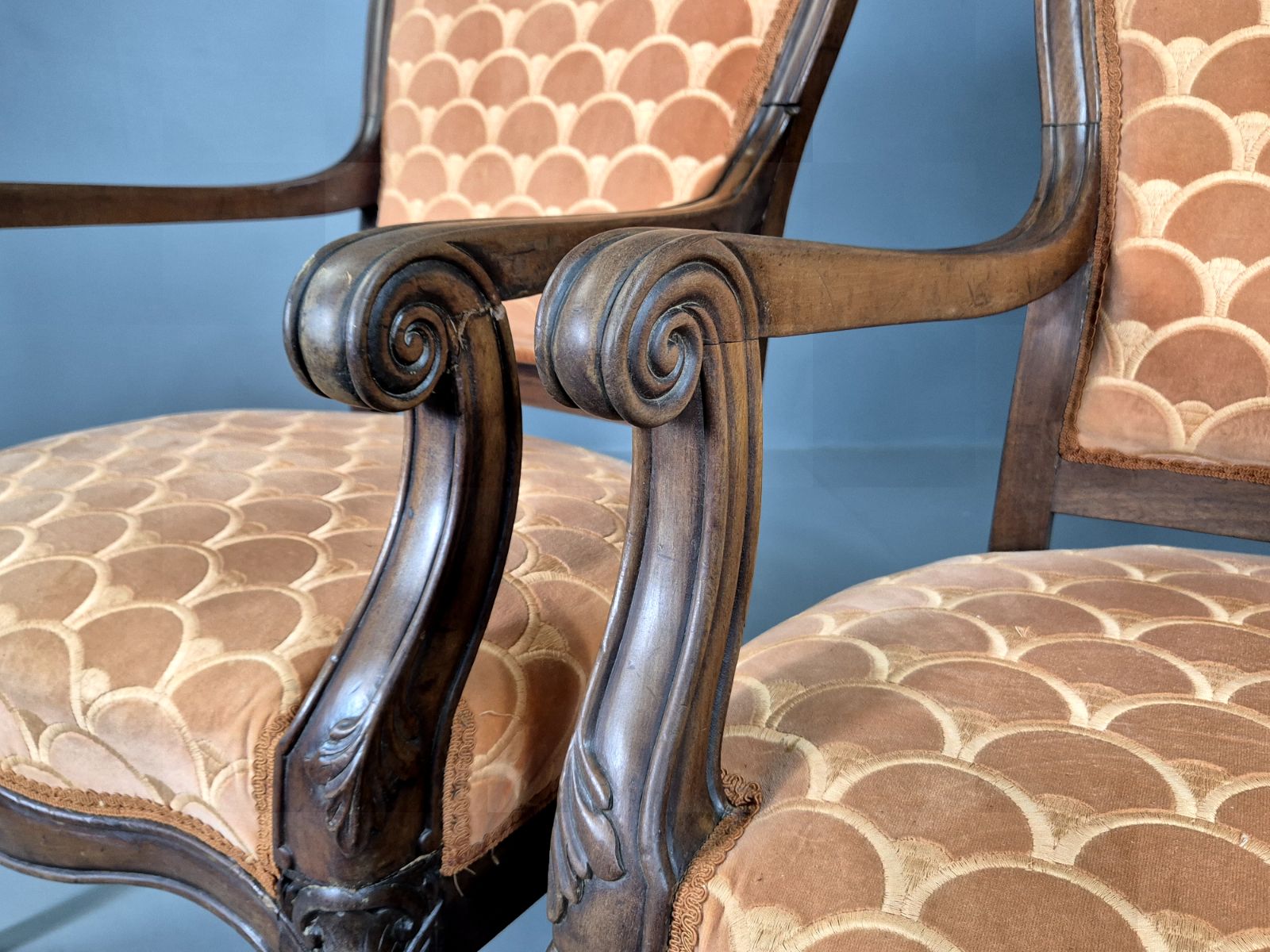 Vintage Fautueil Chairs Orange Upholstery Mahogany Antique  Eb7380 Vclo photo 325.0