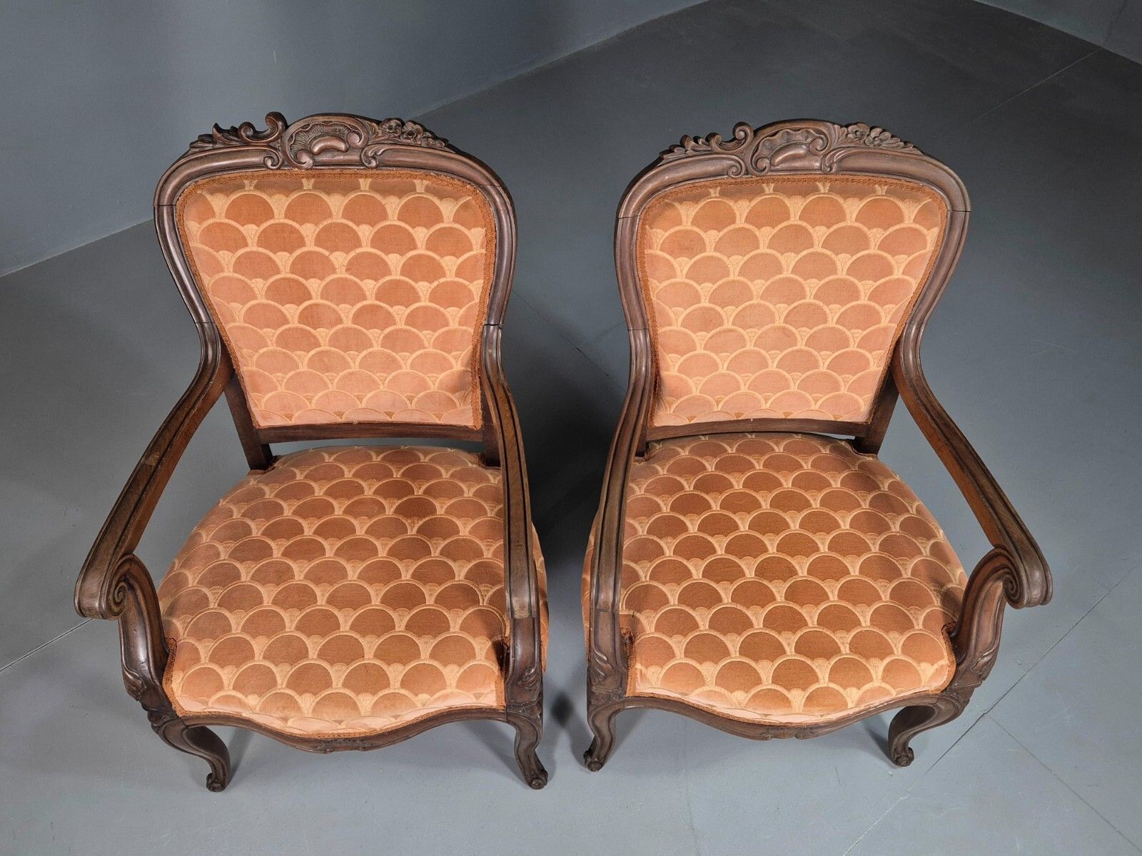 Vintage Fautueil Chairs Orange Upholstery Mahogany Antique  Eb7380 Vclo photo vinterior