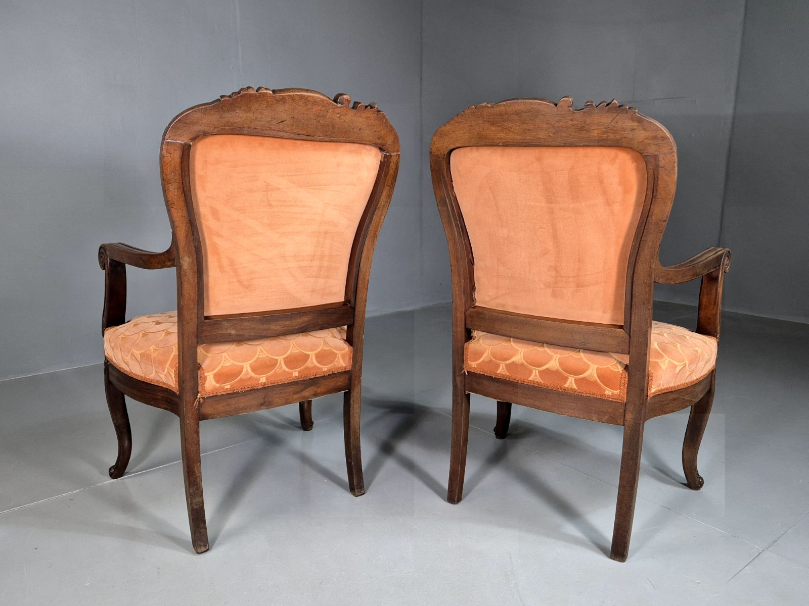 Vintage Fautueil Chairs Orange Upholstery Mahogany Antique  Eb7380 Vclo photo vintage