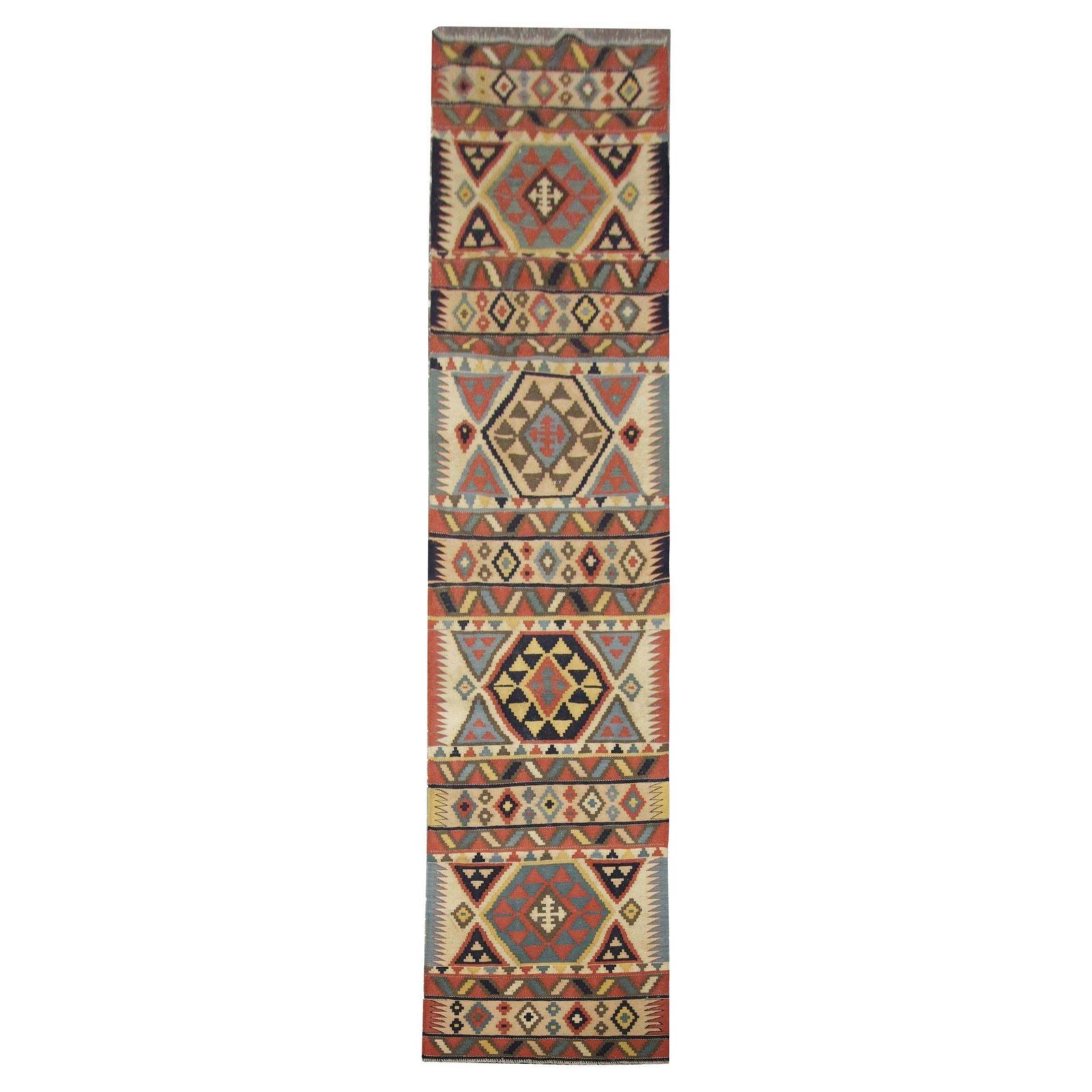 Handmade Wool Kilim Runner, Beige Tribal Geometric Zig Zag Hallway Rug 356x89cm