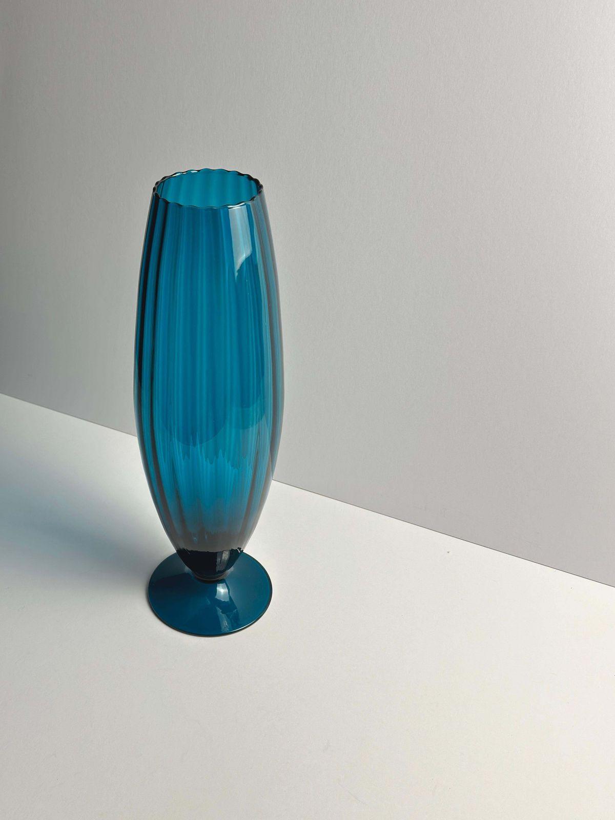 Empoli Mid Century Optic Glass Vase, Teal, Pedestal Base,  Rossini, Italy, 1960s photo for sale