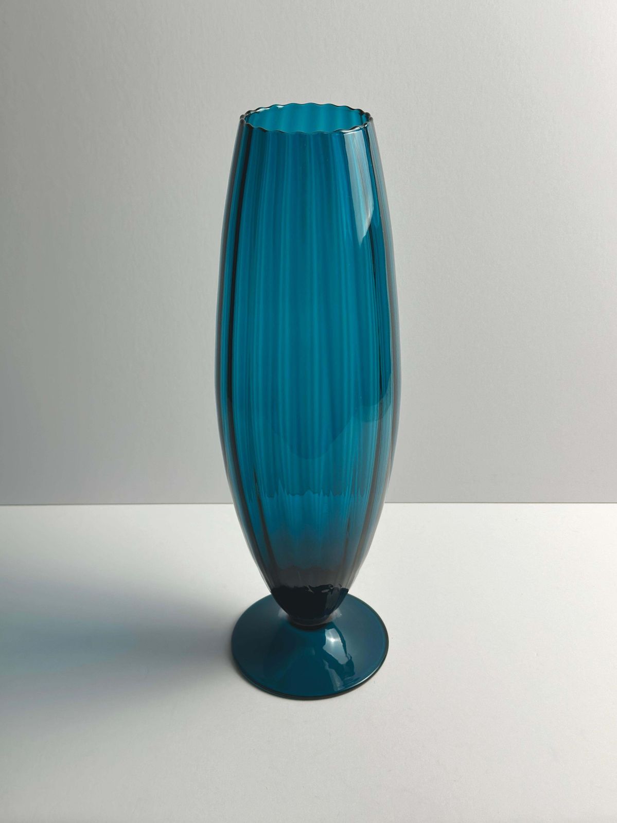 Empoli Mid Century Optic Glass Vase, Teal, Pedestal Base,  Rossini, Italy, 1960s photo Home Decor