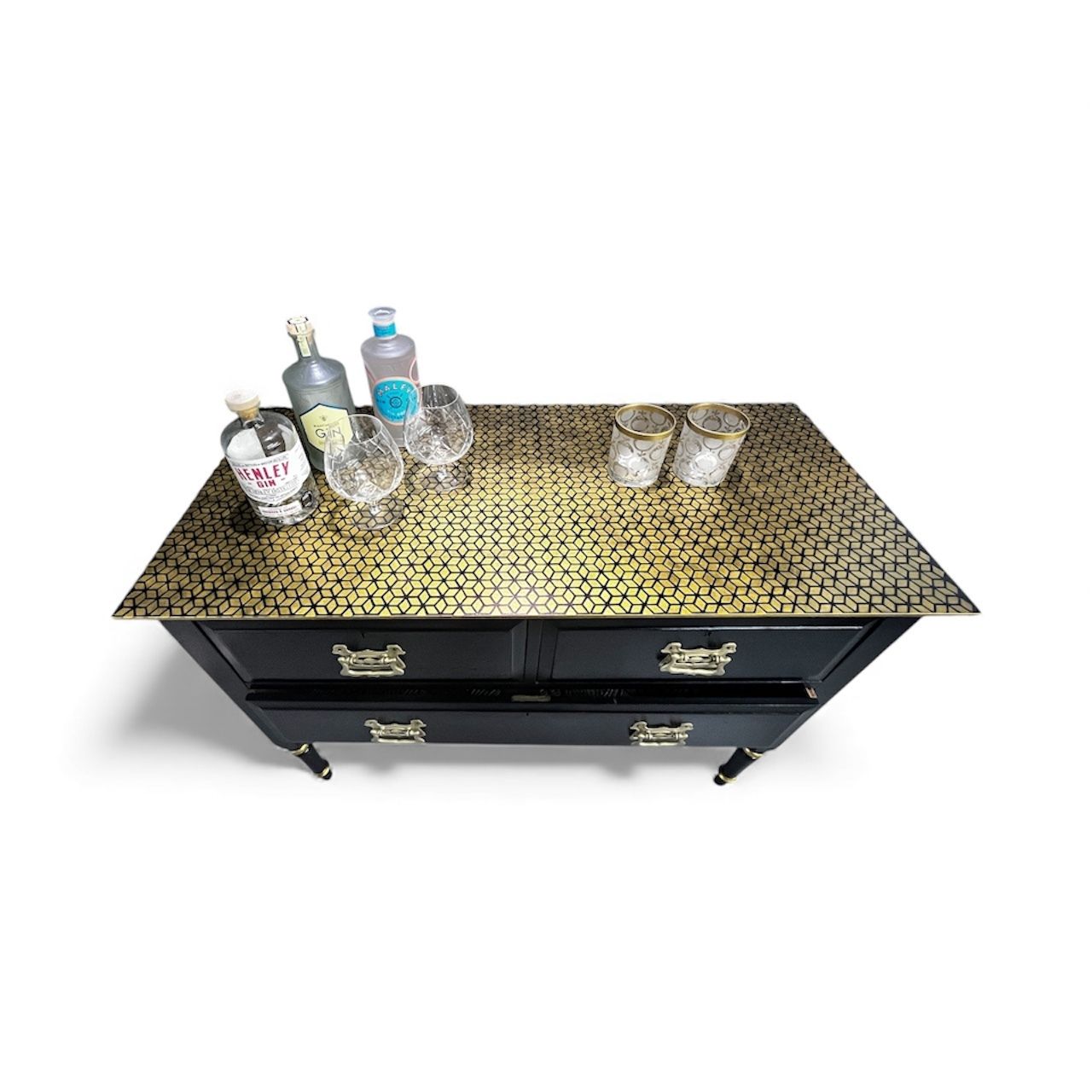 Black & Gold, Geometric Stencilled Upcycled, Painted Dresser – Striking Modern Glamour With Hand Finished Detail photo 180.0