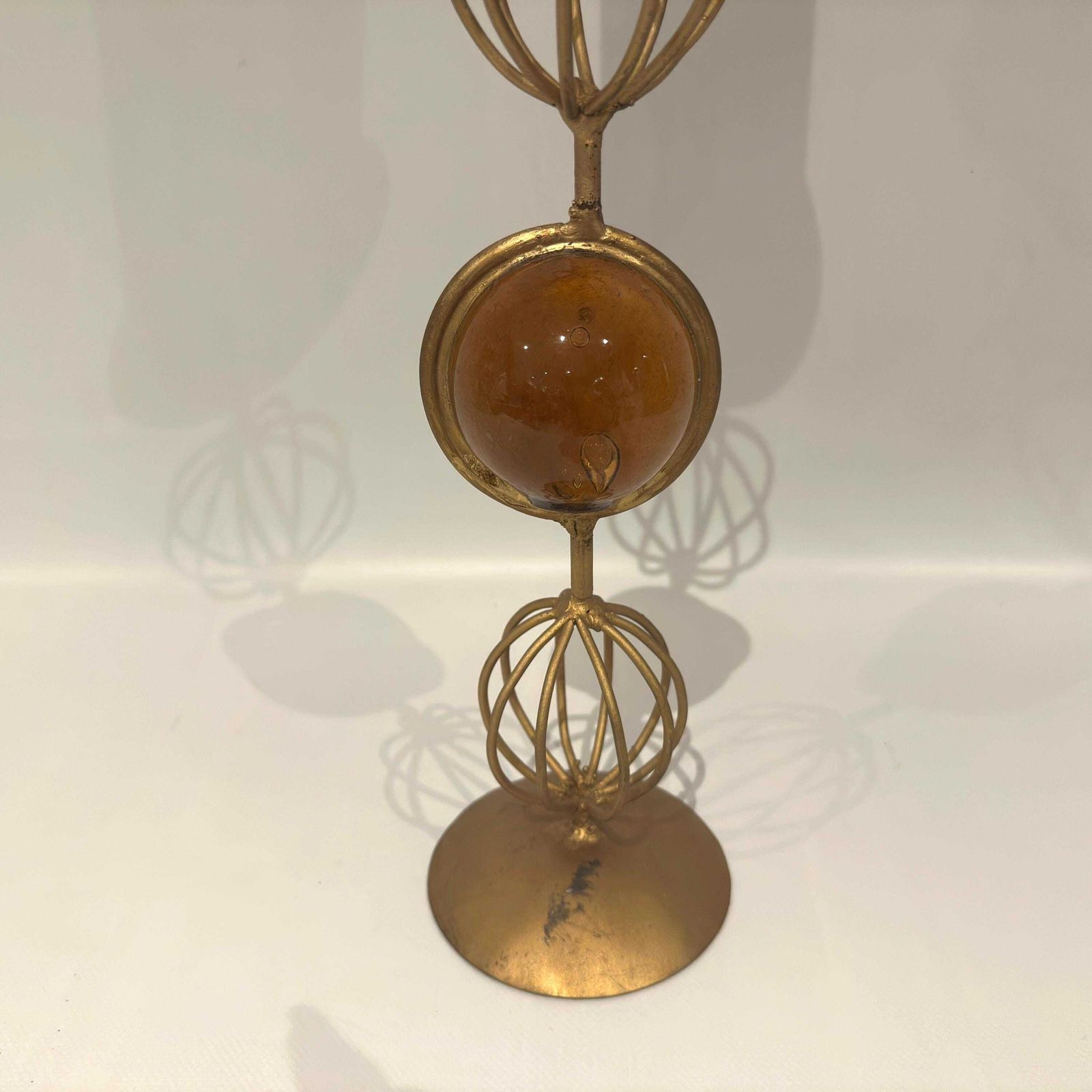 Mid Century Scandinavian Sculptural Candleholder – Amber Glass & Gilded Metal, 37 Cm photo for sale