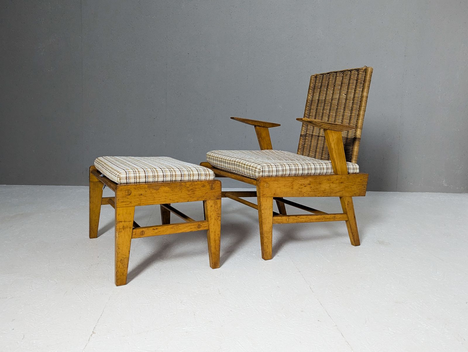 Sculptural Beech And Rattan Armchair With Footstool By úľuv, 1960s photo for sale