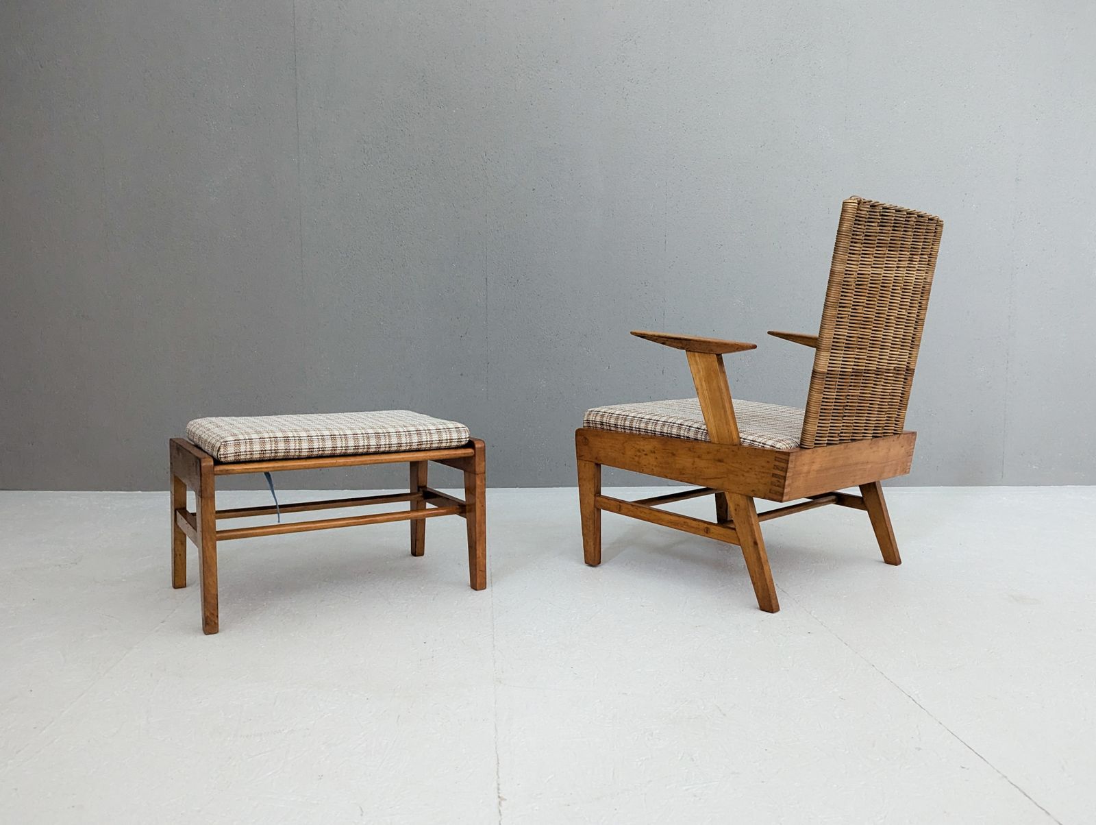 Sculptural Beech And Rattan Armchair With Footstool By úľuv, 1960s photo vintage