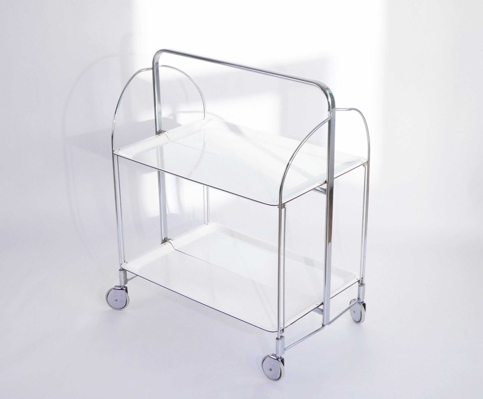 Mid Century White Foldable Bar Cart, 60’s Dinett Serving Trolley With Chrome Metal Design, Tea Cart
