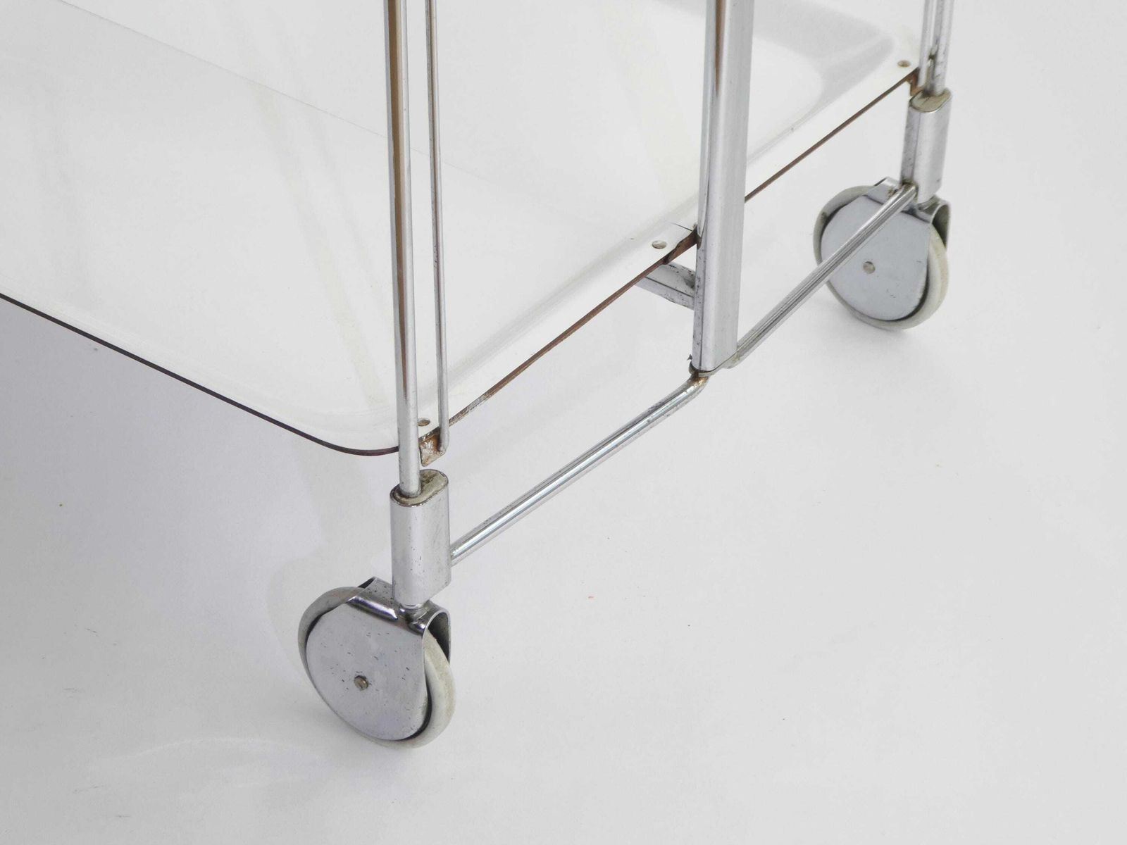 Mid Century White Foldable Bar Cart, 60’s Dinett Serving Trolley With Chrome Metal Design, Tea Cart photo vinterior