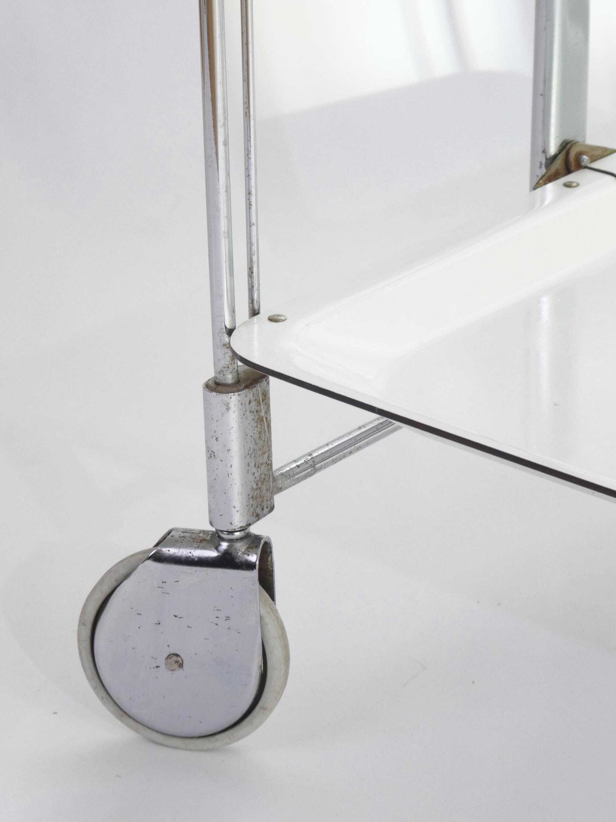 Mid Century White Foldable Bar Cart, 60’s Dinett Serving Trolley With Chrome Metal Design, Tea Cart photo buy