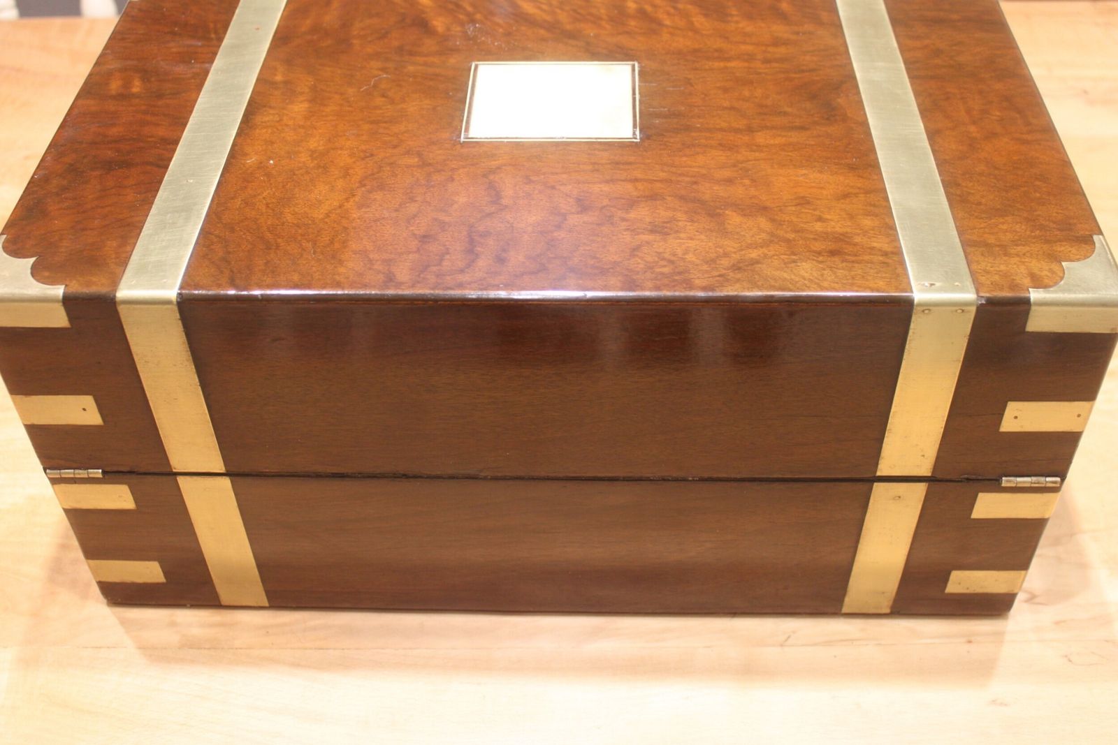 A Large And Impressive Figured Walnut And Brass Bound Writing Slope With Secret Drawers photo for sale