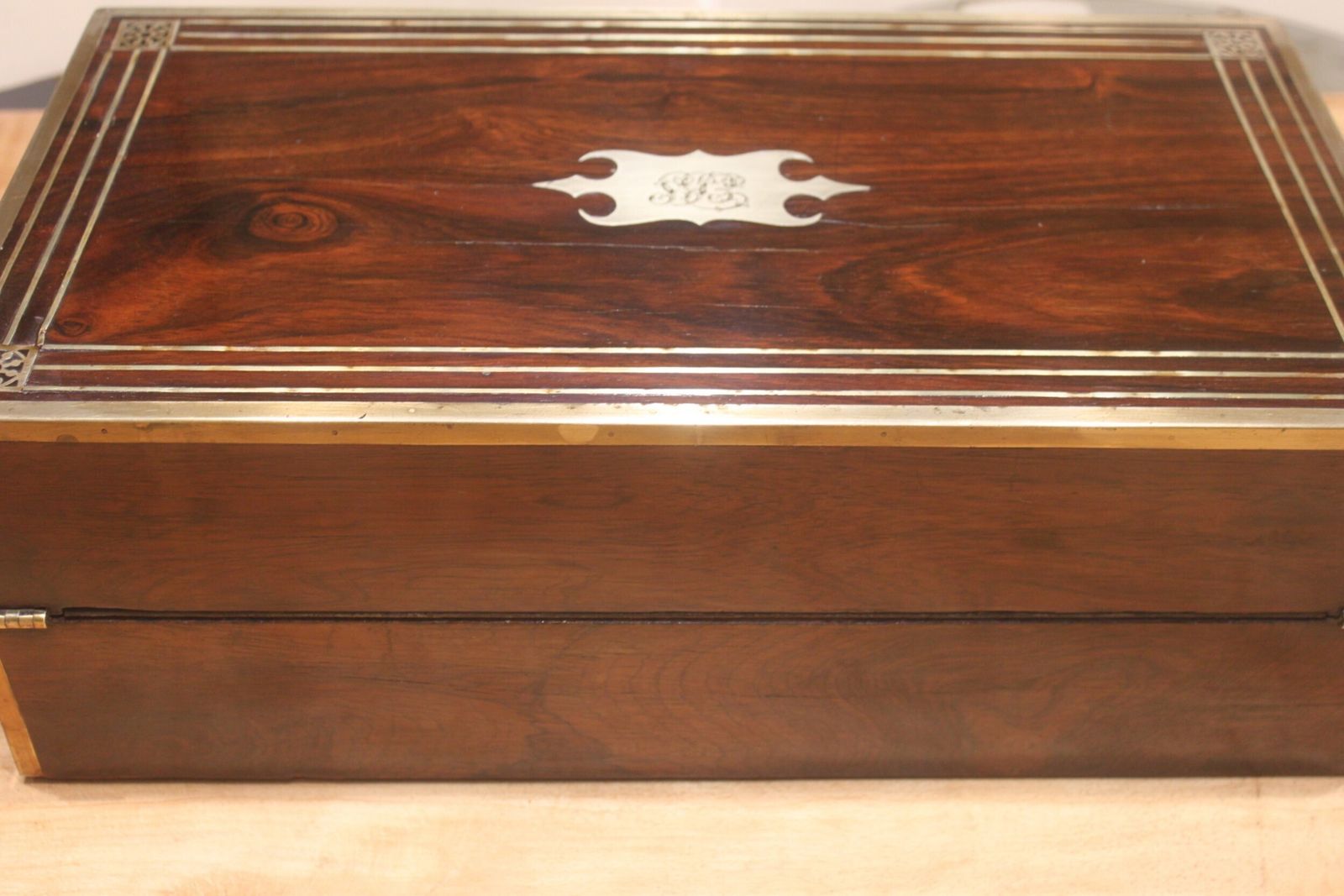 A Substantial And Impressive Late Georgian Rosewood And Brass Inlaid Writing Slope With Secret Drawers. photo for sale