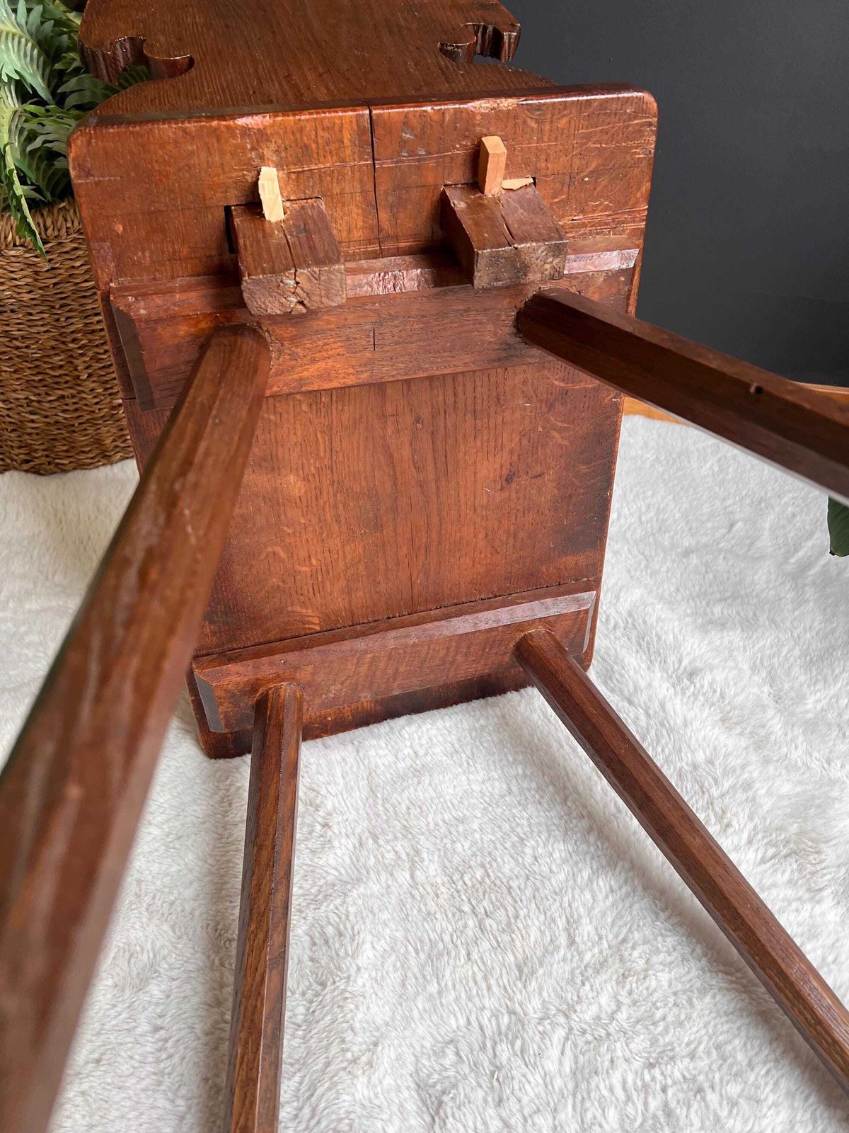 Antique Alpine Folk Art Chair With Whimsical Carving, Brutalist Escabelle Wooden Chair photo vintage