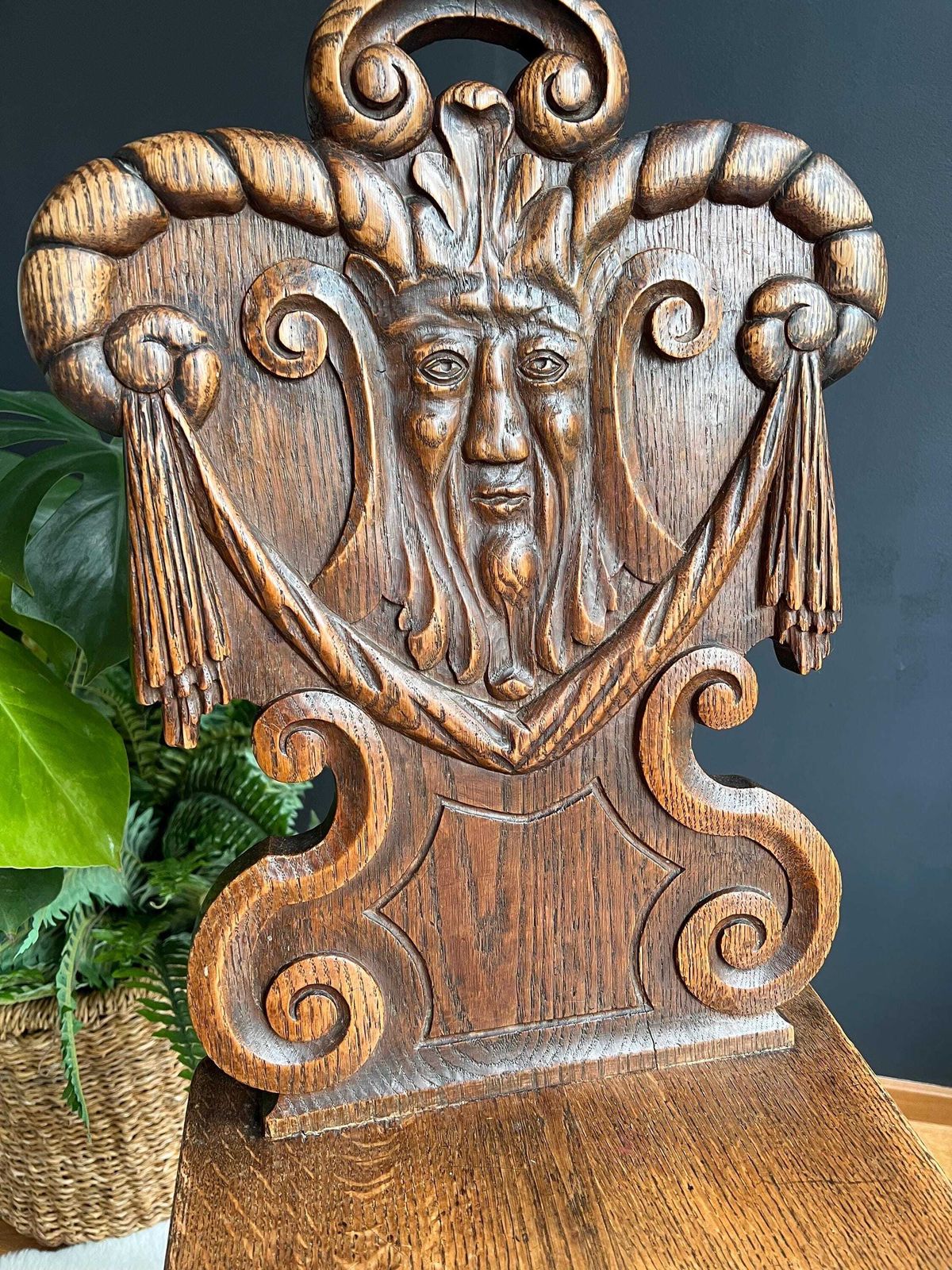 photo for sale Antique Alpine Folk Art Chair With Whimsical Carving, Brutalist Escabelle Wooden Chair
