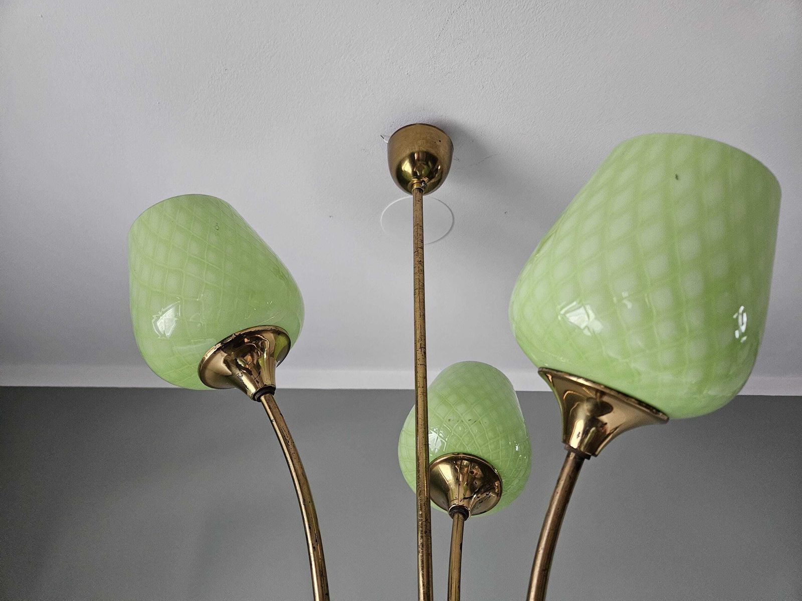 Mid Century Chandelier | Green Opaline Glass & Red Metal Pendant Light | 1960s European Design photo vinterior