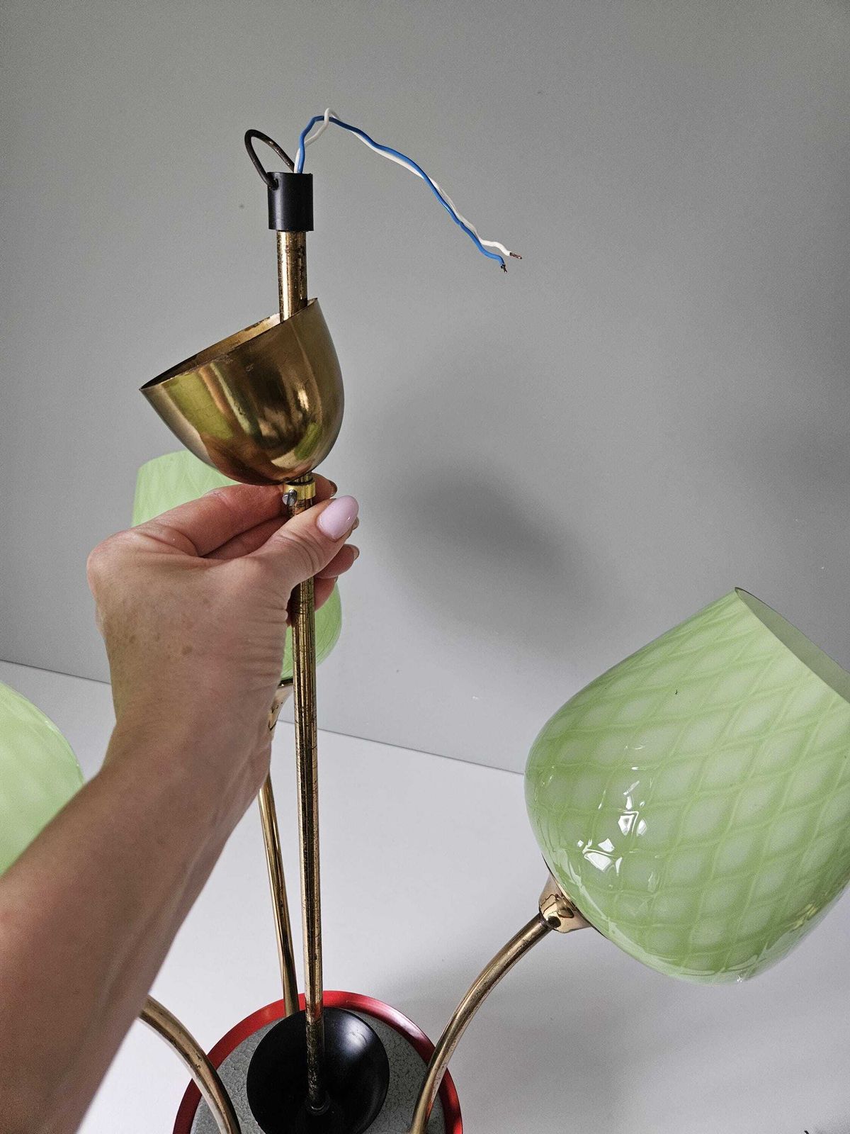 photo furniture Mid Century Chandelier | Green Opaline Glass & Red Metal Pendant Light | 1960s European Design