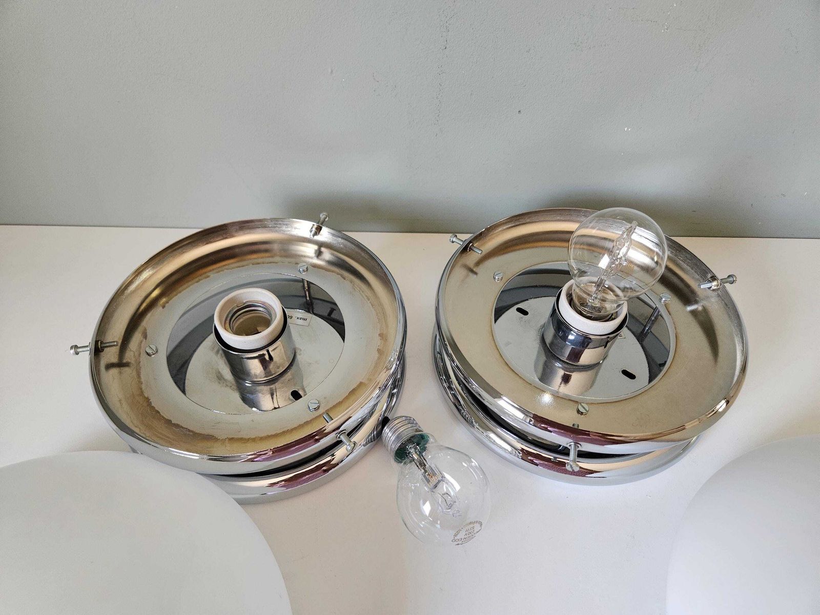 A Pair Of Mid Century Modern Mushroom Lamps: Flush Mount Ceiling Lights, Yugoslavia 80s Set photo vinterior