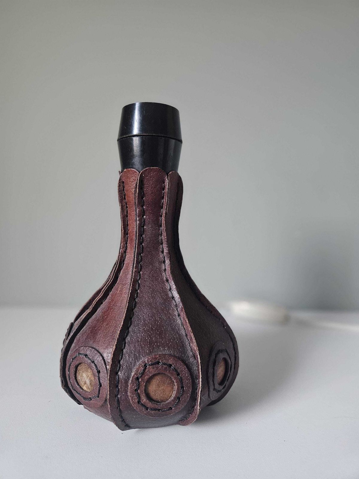 Hand Stitched Leather Table Lamp Base: Mid Century Modern Boho Decor photo furniture
