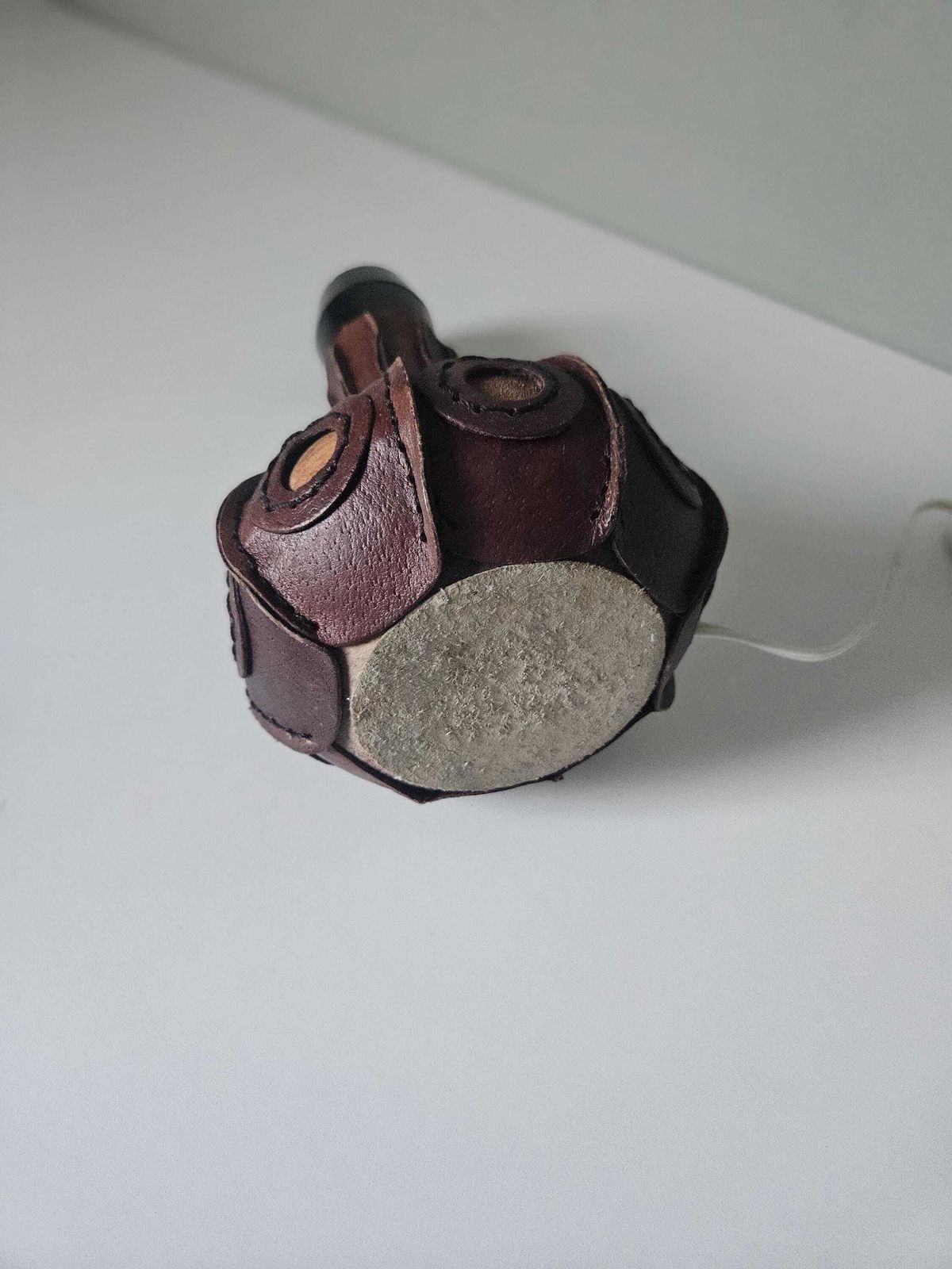 Hand Stitched Leather Table Lamp Base: Mid Century Modern Boho Decor photo for sale
