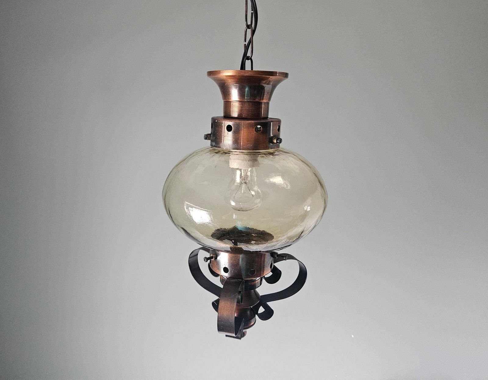 Vintage Copper Pendant Light: Amber Glass Globe, Wrought Iron Lantern photo for sale