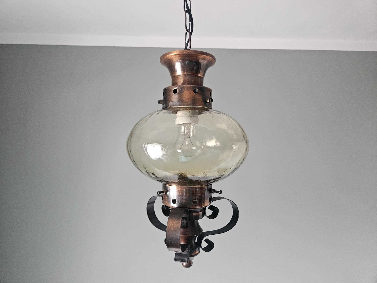 Vintage Copper Pendant Light: Amber Glass Globe, Wrought Iron Lantern photo vinterior