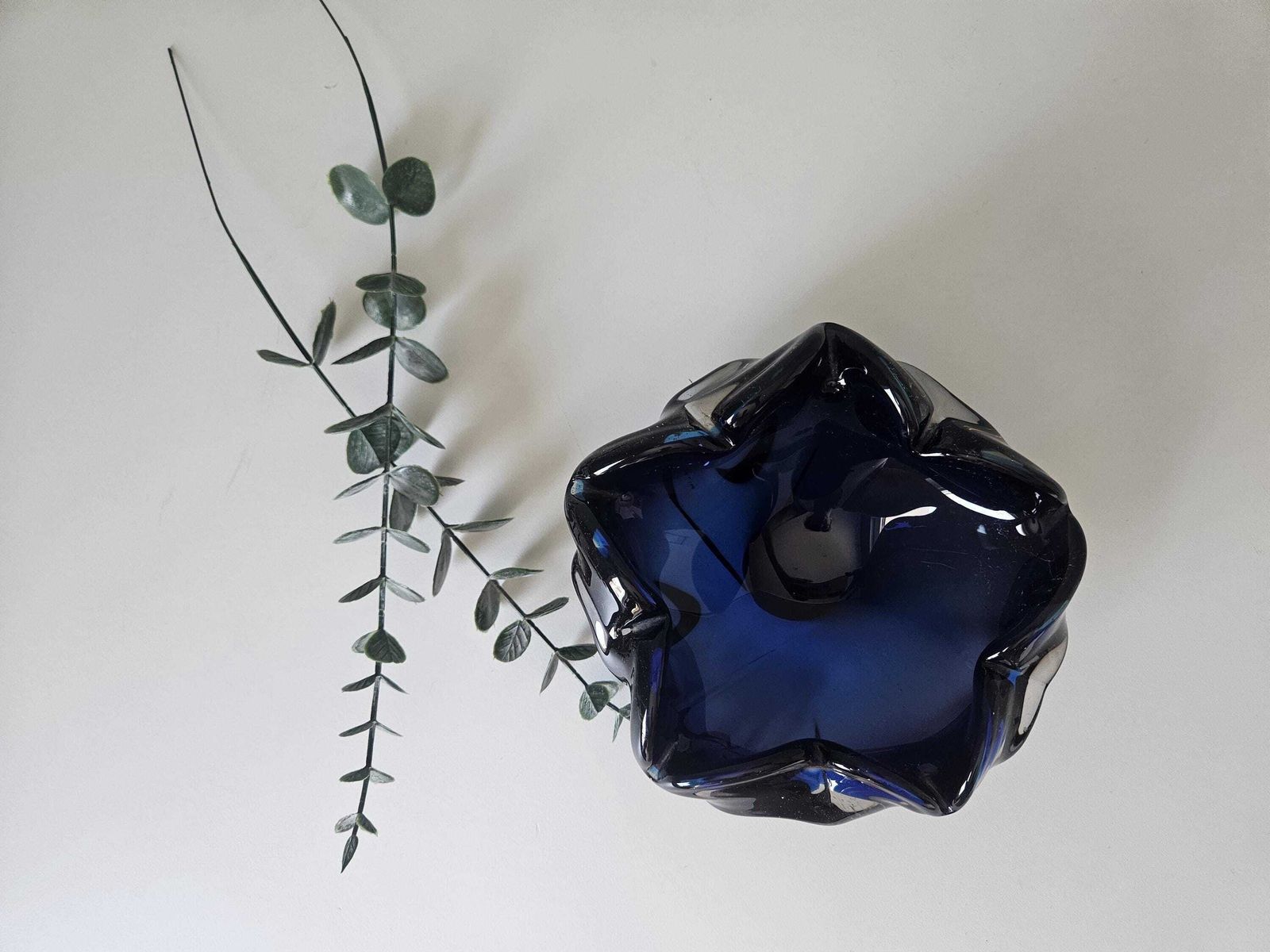 Handblown Blue Art Glass Ashtray: Mid Century Modern Murano Style Bowl photo vinterior