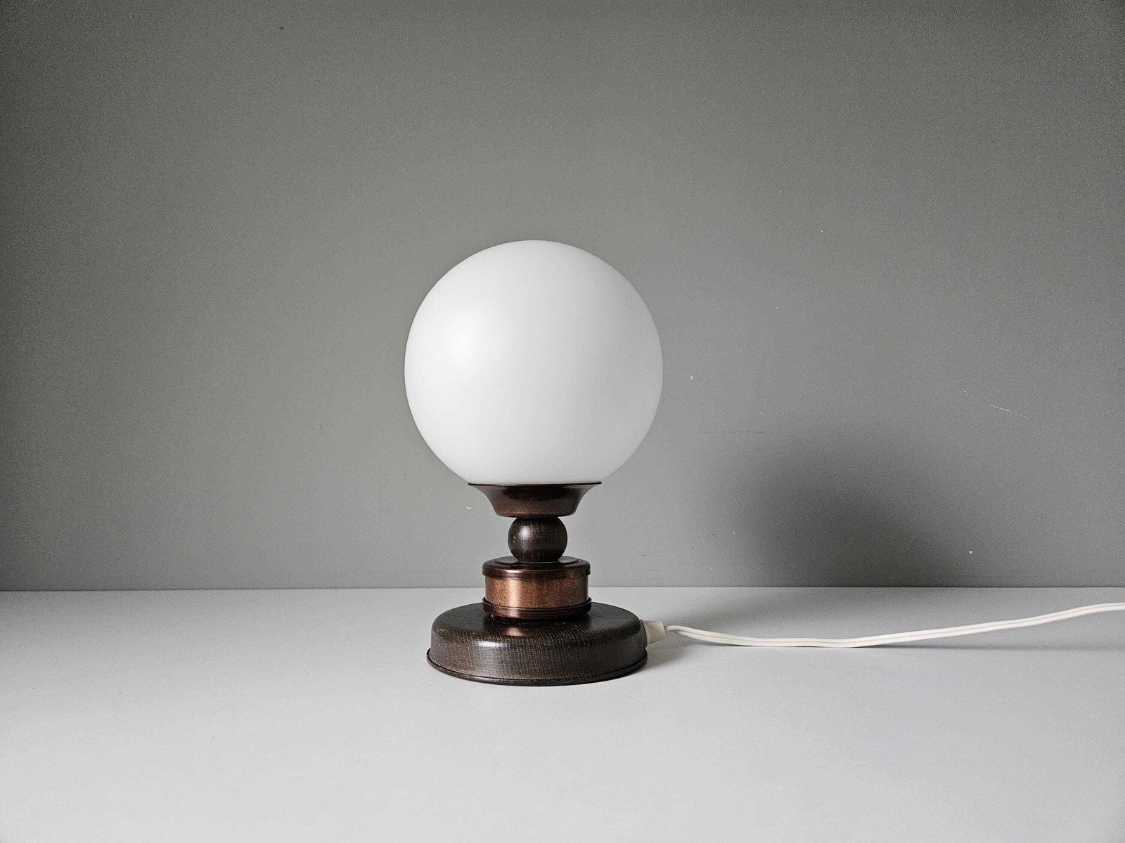 Vintage Glass Globe Table Lamp: Wood & Copper Bedside Light photo furniture
