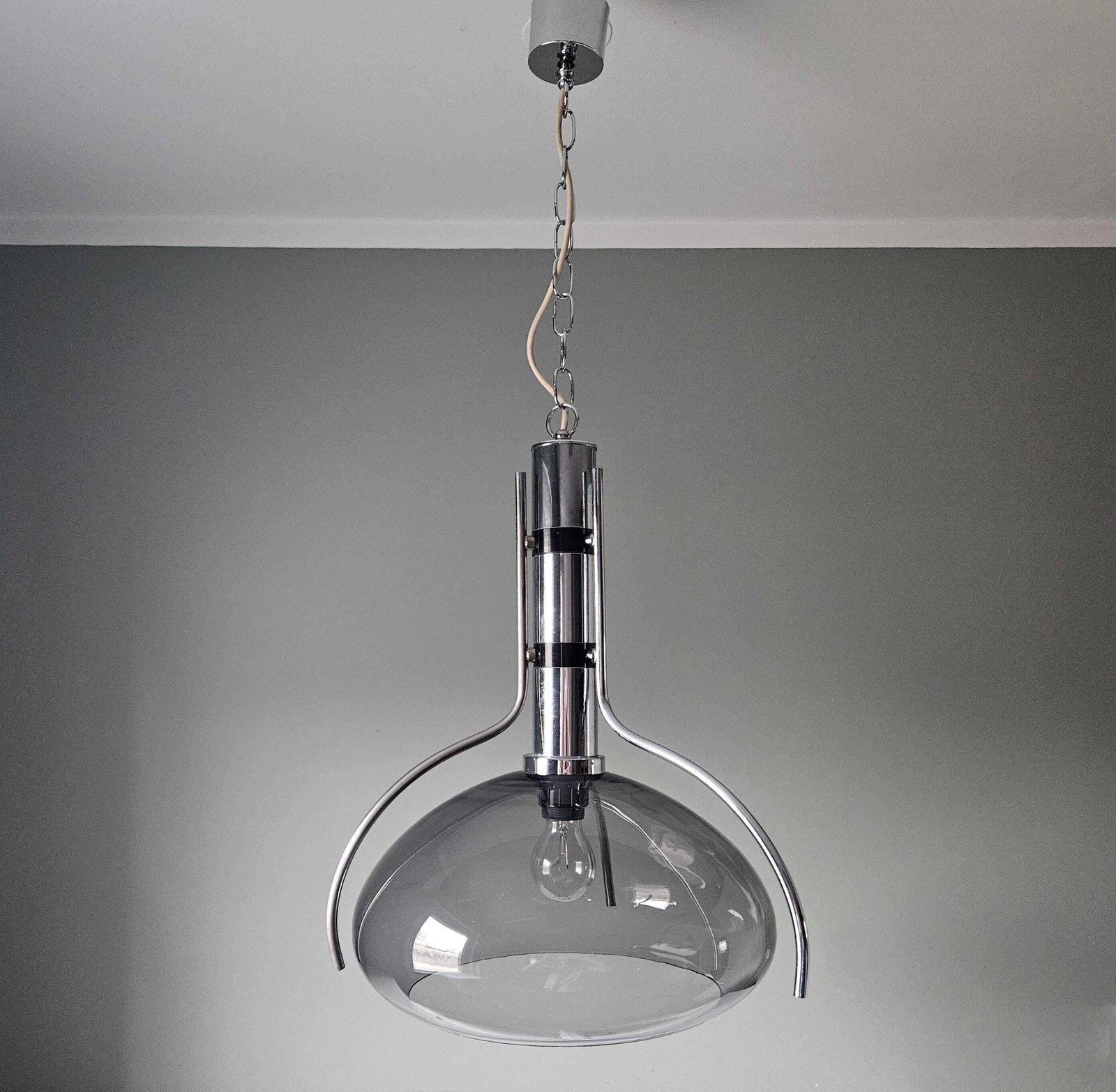 Mid Century Modern Smoked Glass Pendant Light Chrome Hanging Lamp