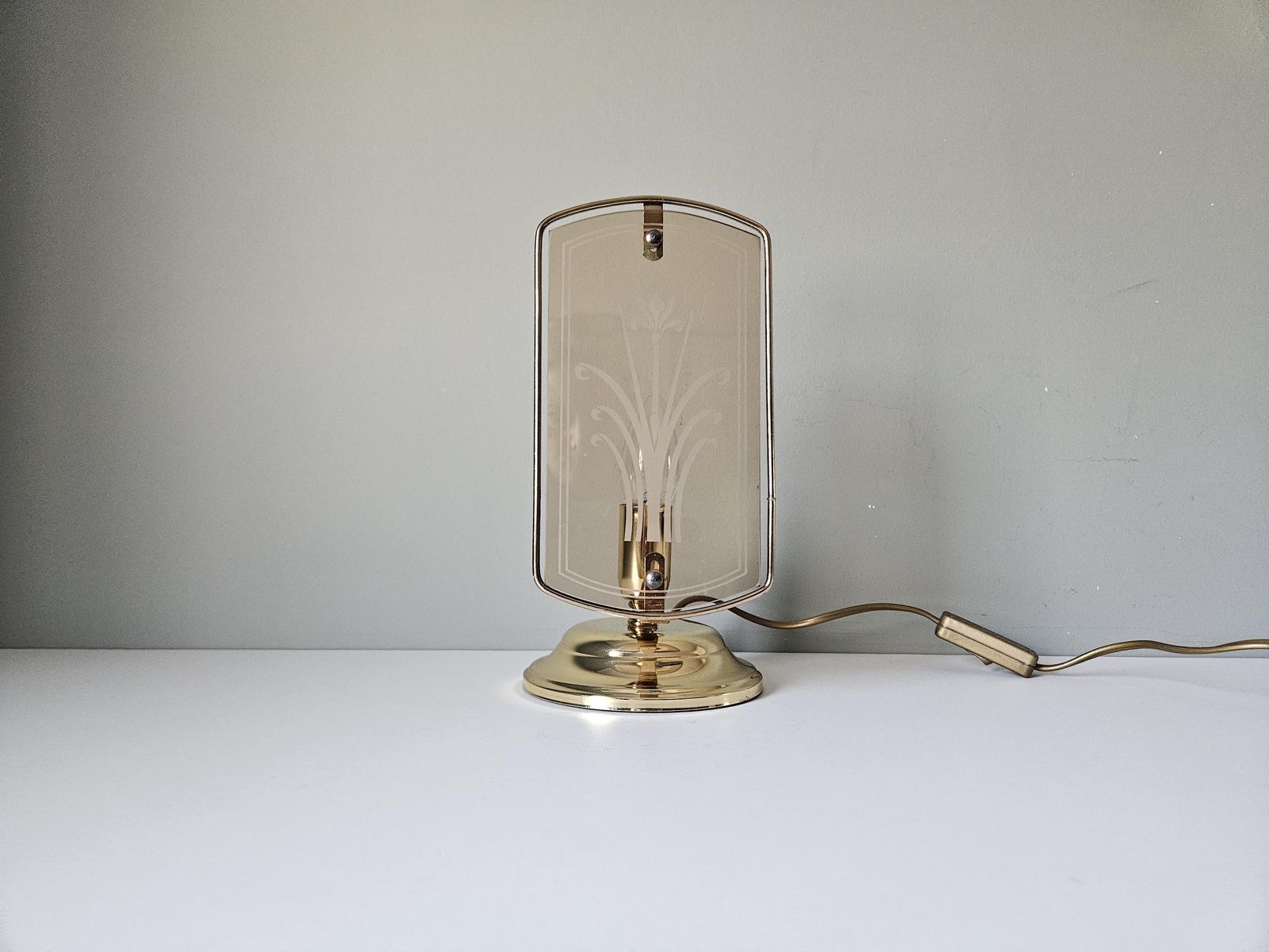 Vintage Brass Table Lamp: Etched Glass Shade, 80s Nightstand Light photo buy