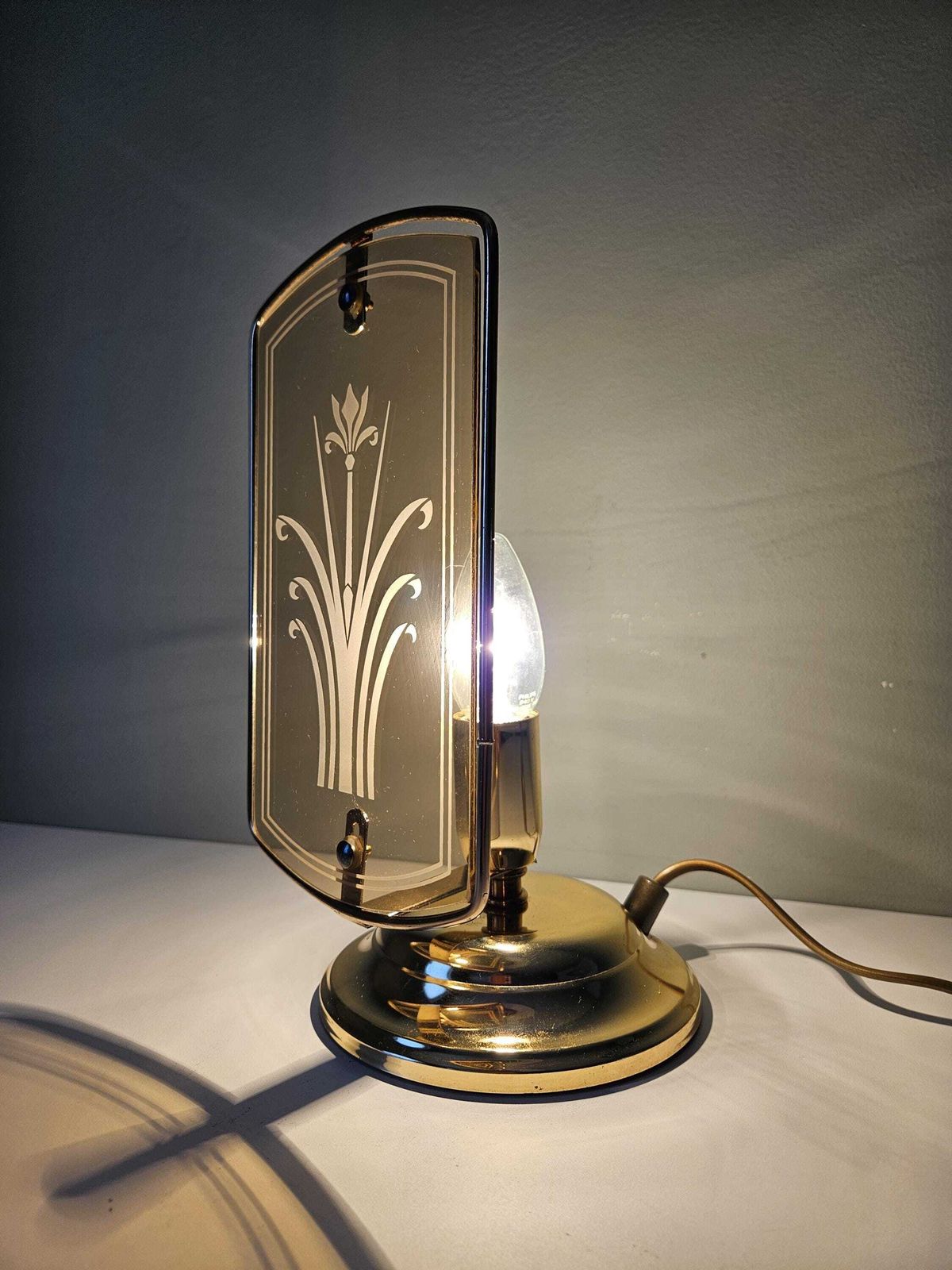 photo furniture Vintage Brass Table Lamp: Etched Glass Shade, 80s Nightstand Light