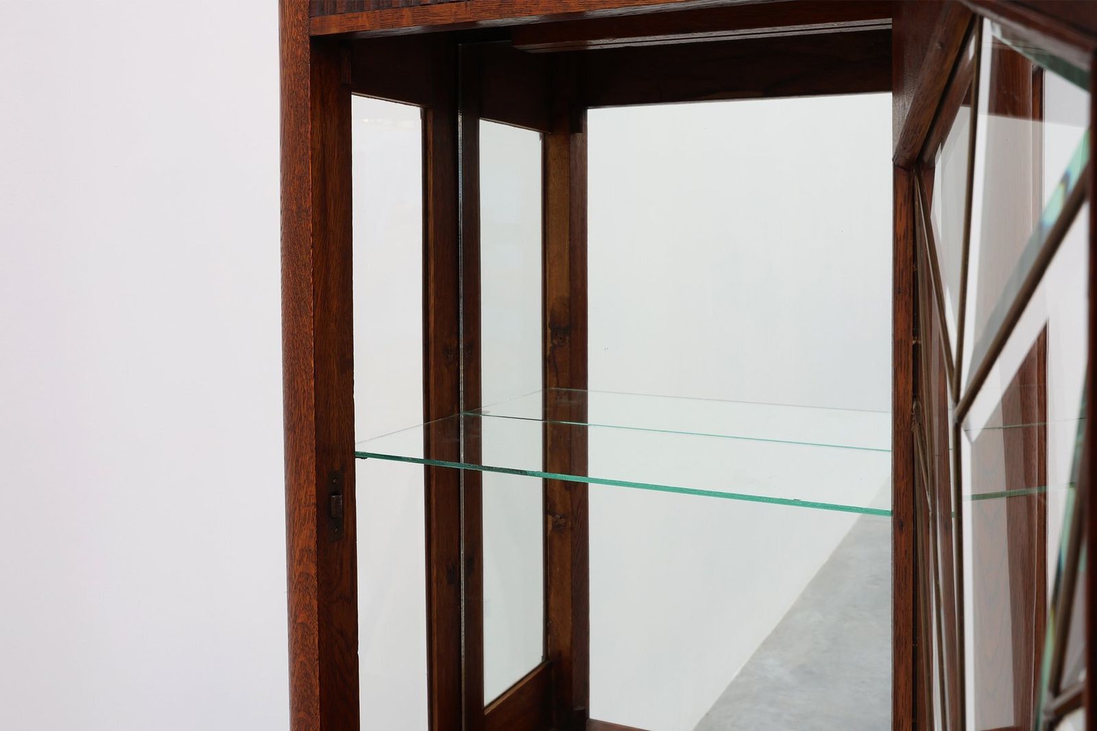photo for sale Art Deco French Oak Cabinet With Beveled Leaded Glass, 1920s