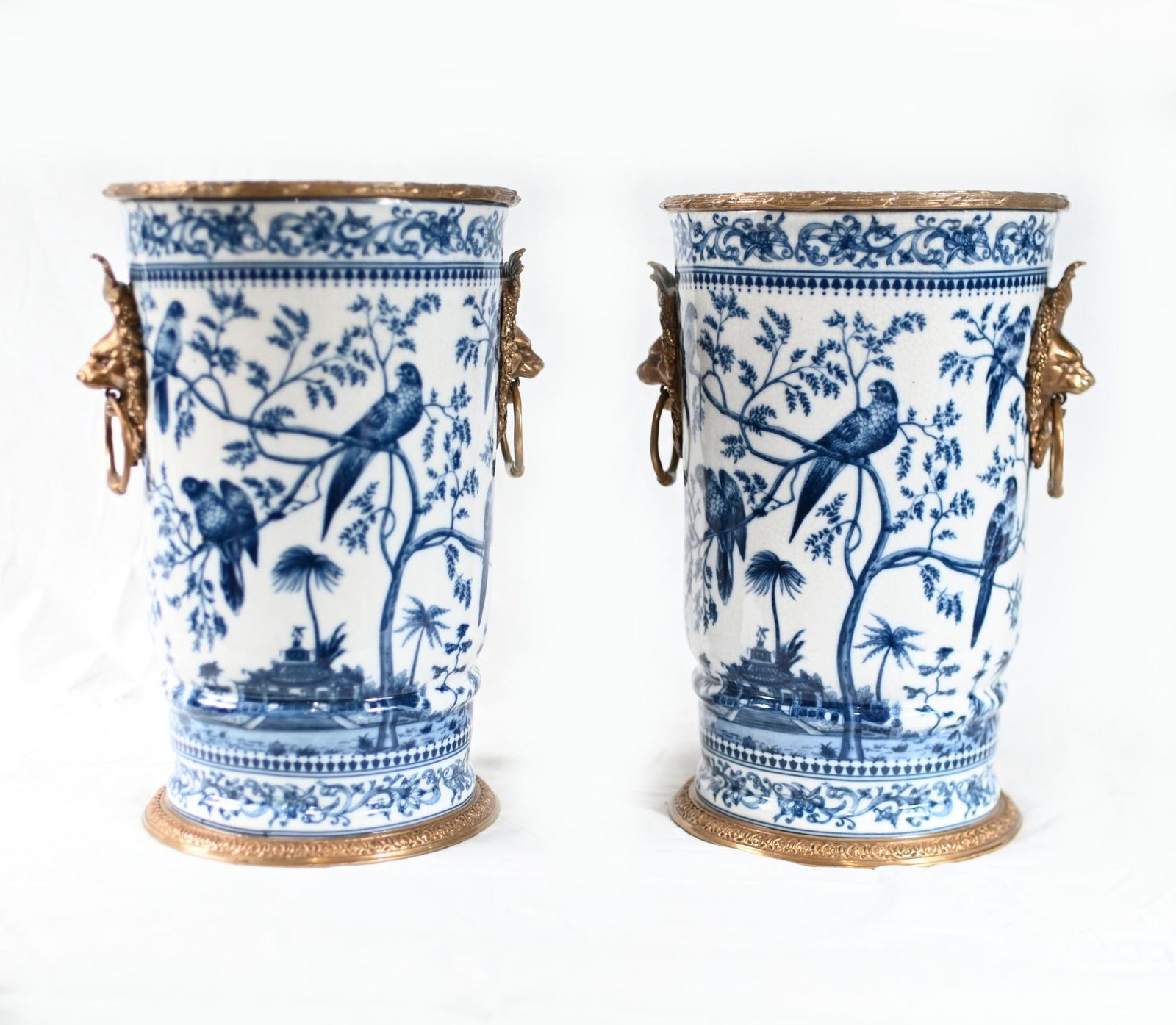 Blue And White Paris Porcelain Urns Gilt Planters Chinoiserie
