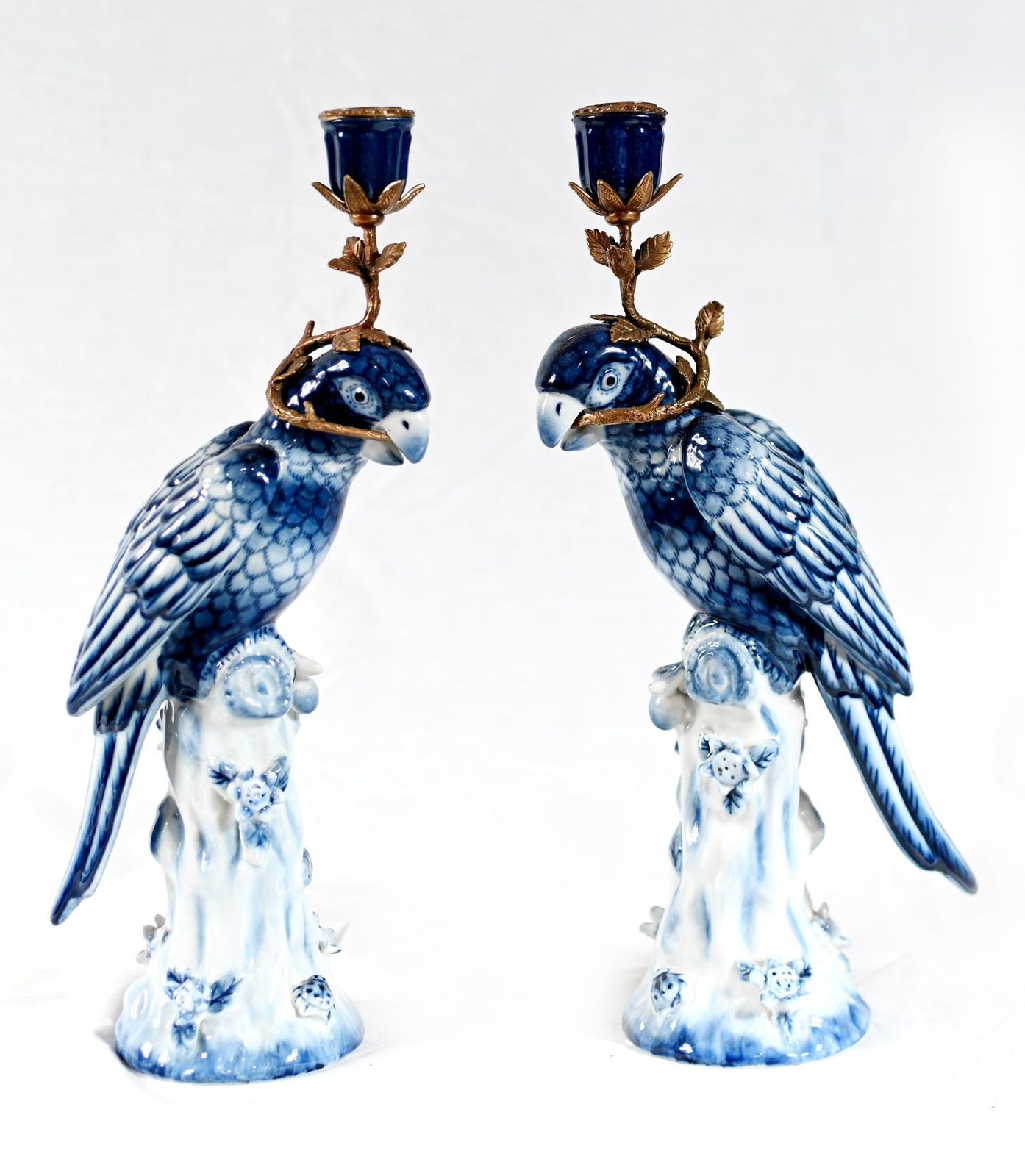 French Porcelain Parrot Candlesticks Blue And White Gilt Mounts