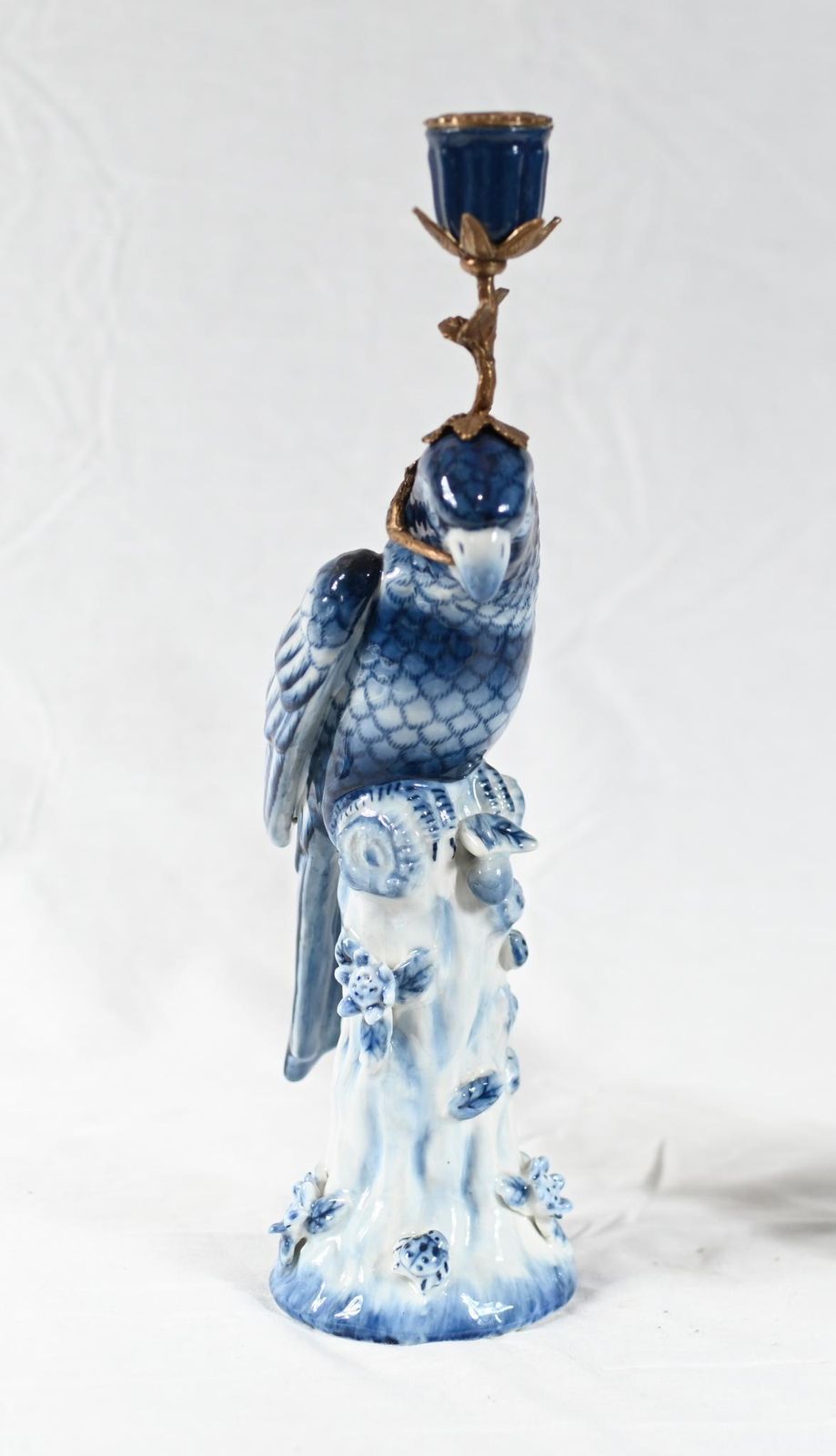 French Porcelain Parrot Candlesticks Blue And White Gilt Mounts photo Art